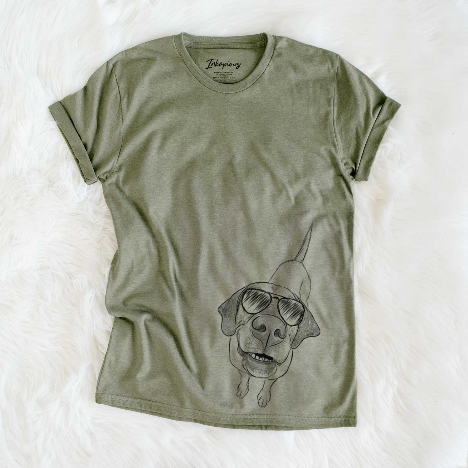 Hand-drawn sketch of Oquirrh the Vizsla wearing aviator sunglasses on an Olive Unisex crewneck