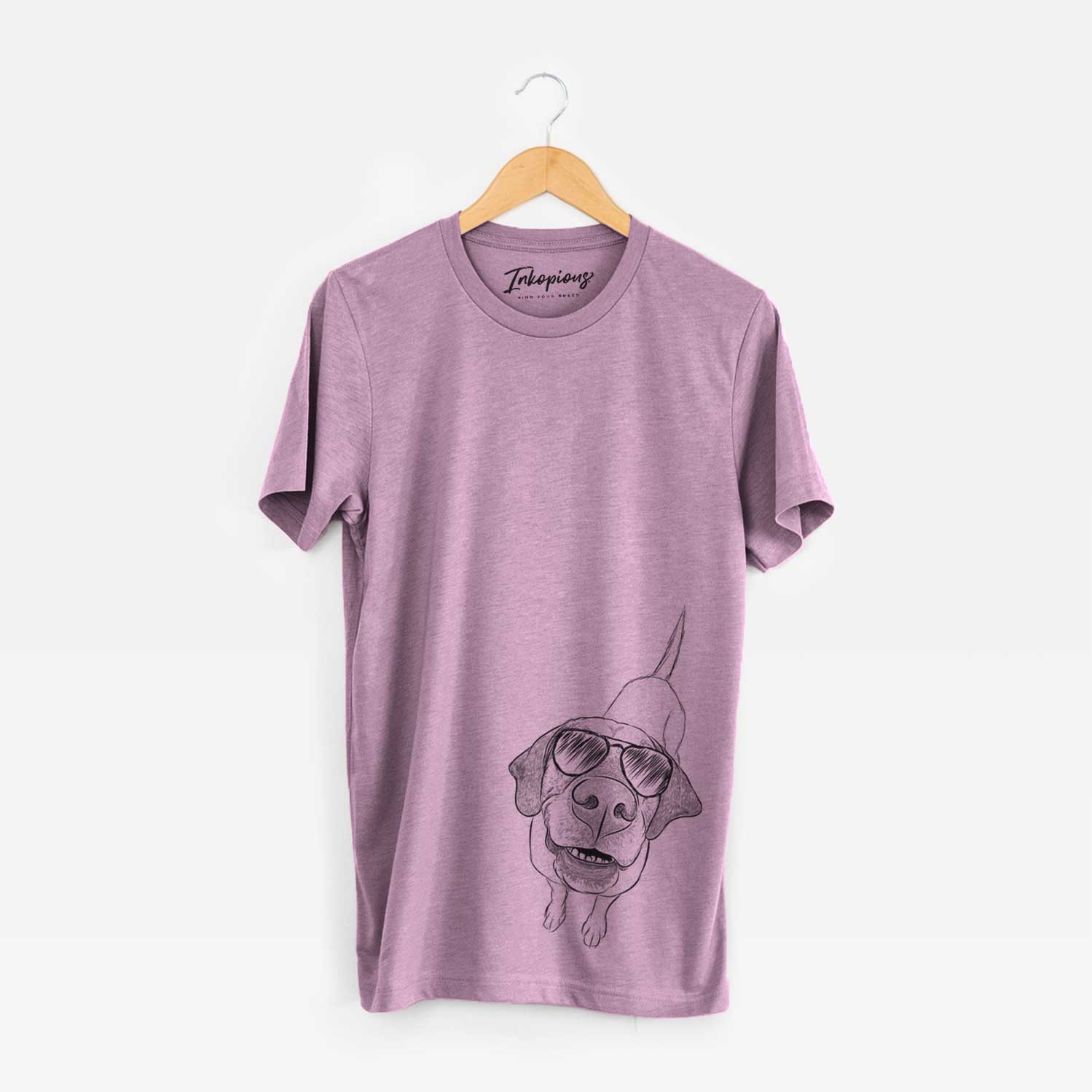 Hand-drawn sketch of Oquirrh the Vizsla wearing aviator sunglasses on an Orchid Unisex crewneck