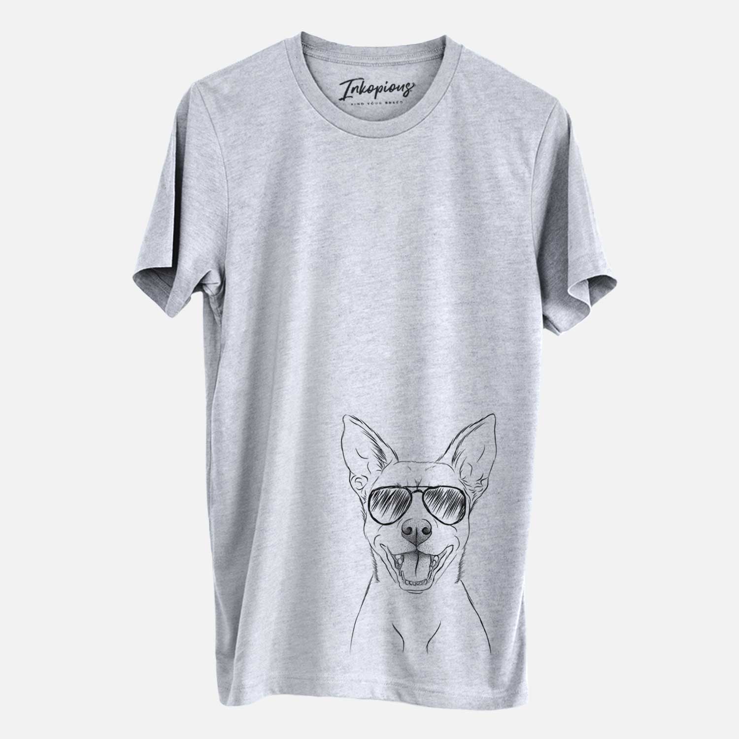 Hand-drawn sketch of Orange the Carolina Dog wearing aviator sunglasses on a Grey Unisex crewneck