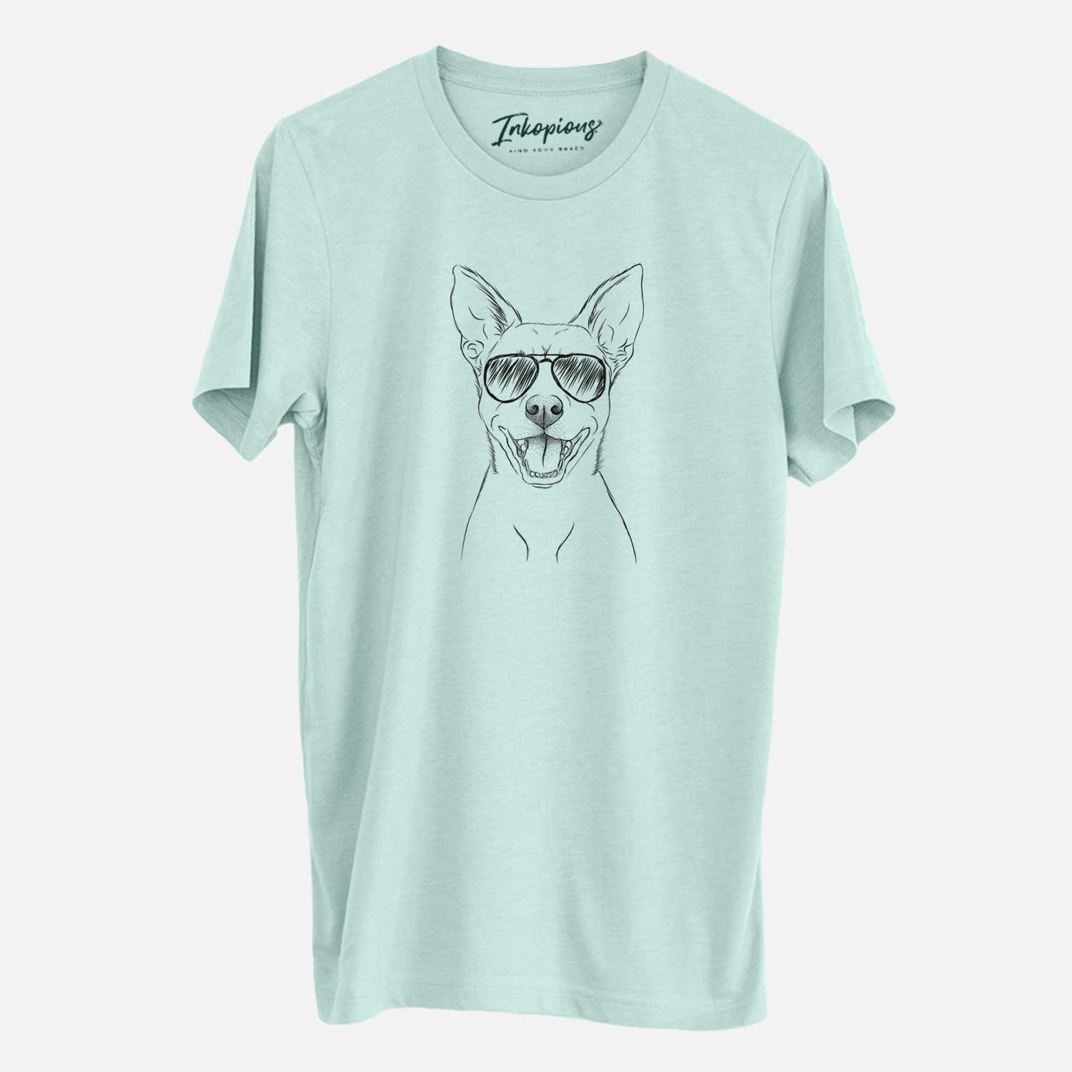 Hand-drawn sketch of Orange the Carolina Dog wearing aviator sunglasses on a Heather Sage Unisex crewneck