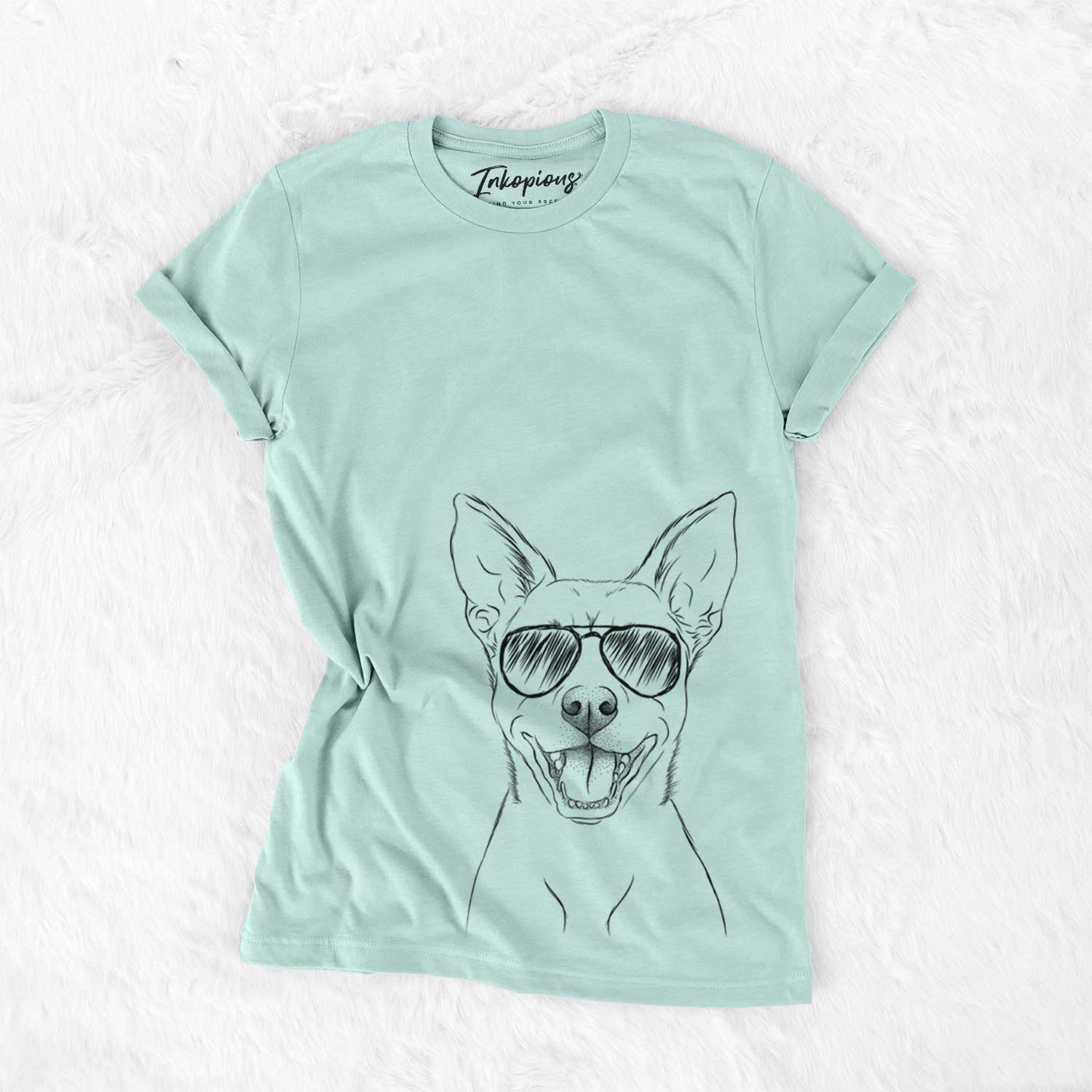 Hand-drawn sketch of Orange the Carolina Dog wearing aviator sunglasses on a Heather Sage Unisex crewneck
