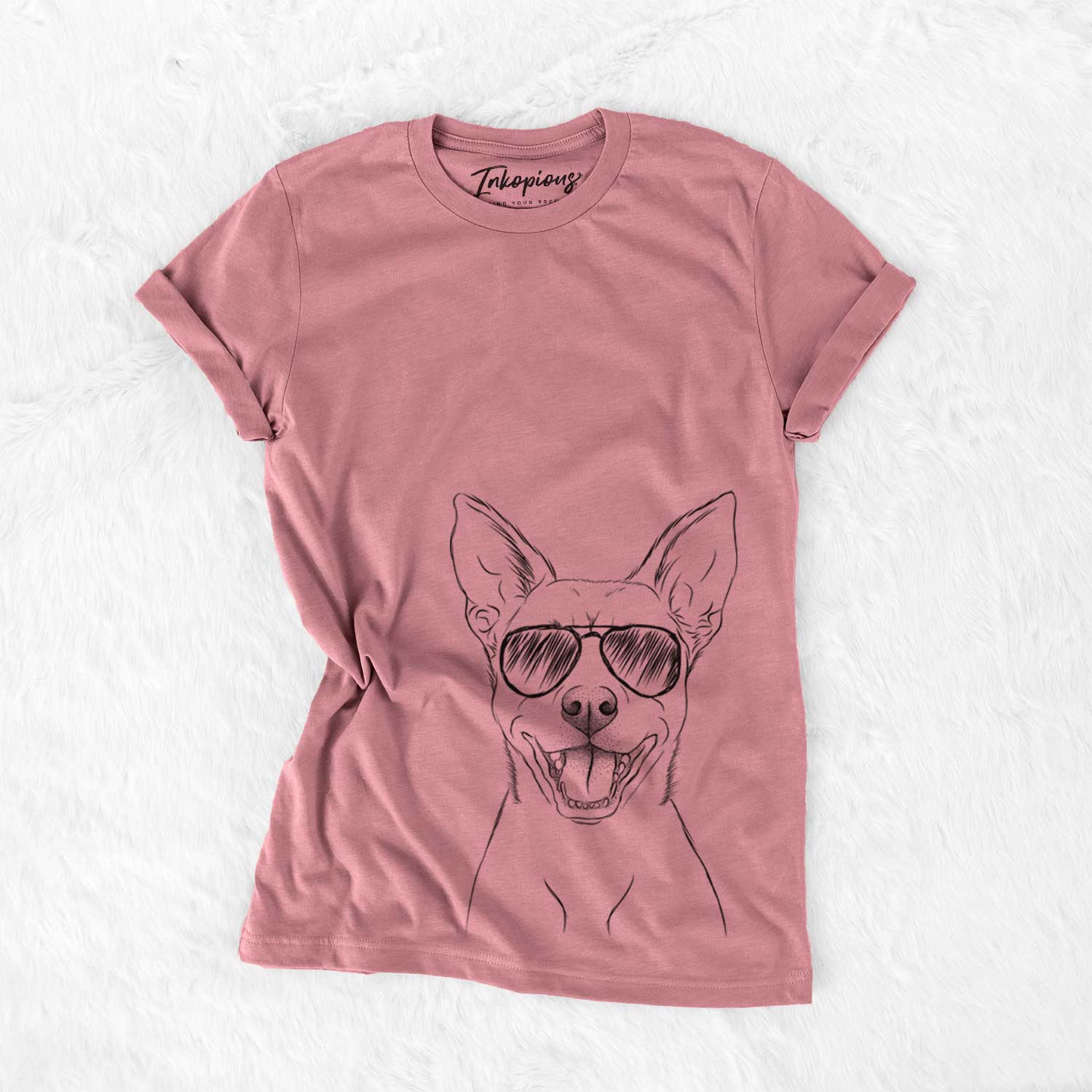 Hand-drawn sketch of Orange the Carolina Dog wearing aviator sunglasses on a Mauve Unisex crewneck