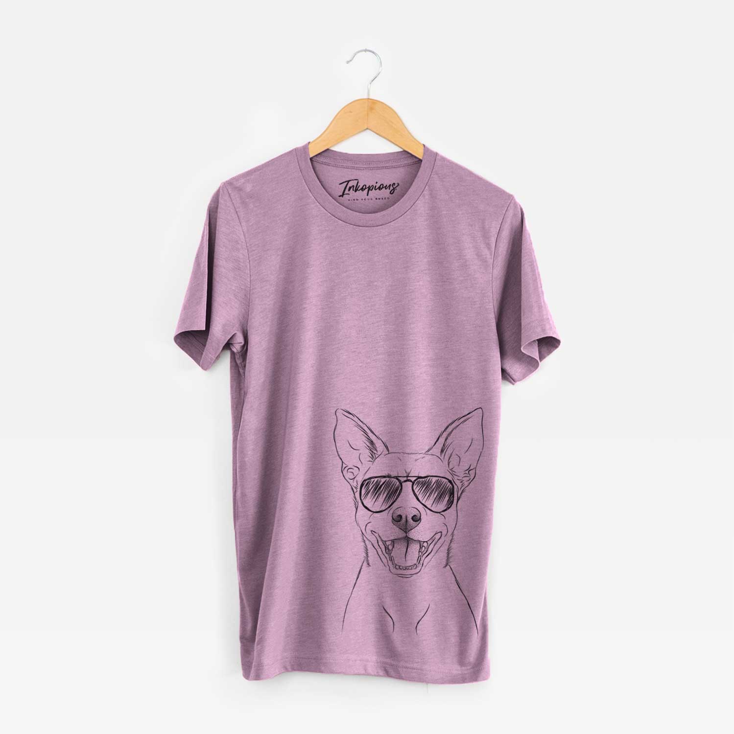 Hand-drawn sketch of Orange the Carolina Dog wearing aviator sunglasses on an Orchid Unisex crewneck