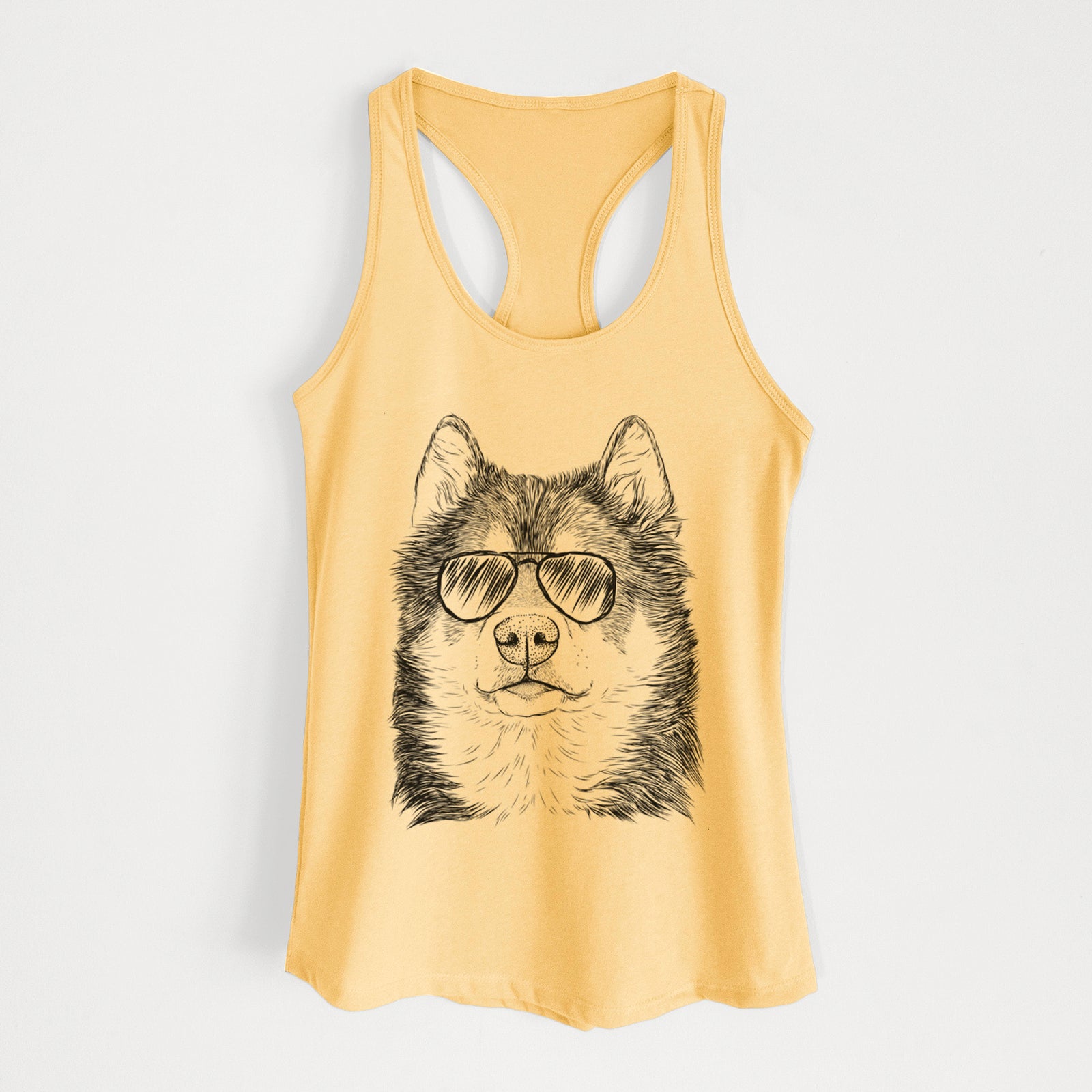 Hand-drawn sketch of Oskar the Canadian Eskimo Dog wearing aviator sunglasses on a Banana Cream Women's racerback tanktop