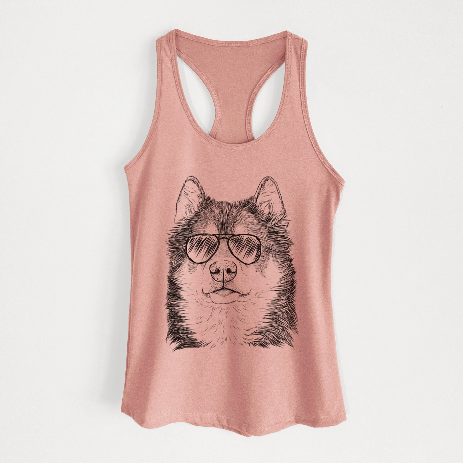 Hand-drawn sketch of Oskar the Canadian Eskimo Dog wearing aviator sunglasses on a Desert Pink Women's racerback tanktop