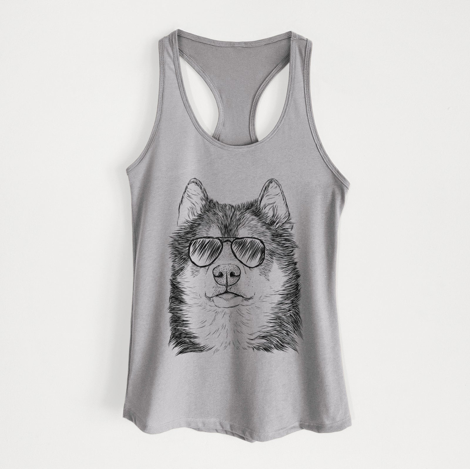 Hand-drawn sketch of Oskar the Canadian Eskimo Dog wearing aviator sunglasses on a Heather Grey Women's racerback tanktop