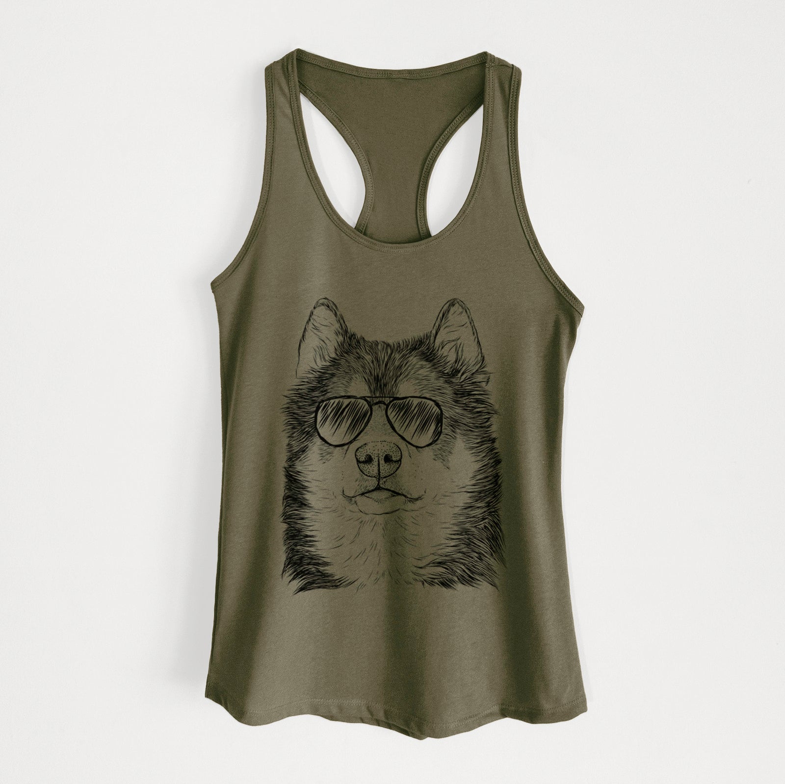 Hand-drawn sketch of Oskar the Canadian Eskimo Dog wearing aviator sunglasses on a Military Green Women's racerback tanktop