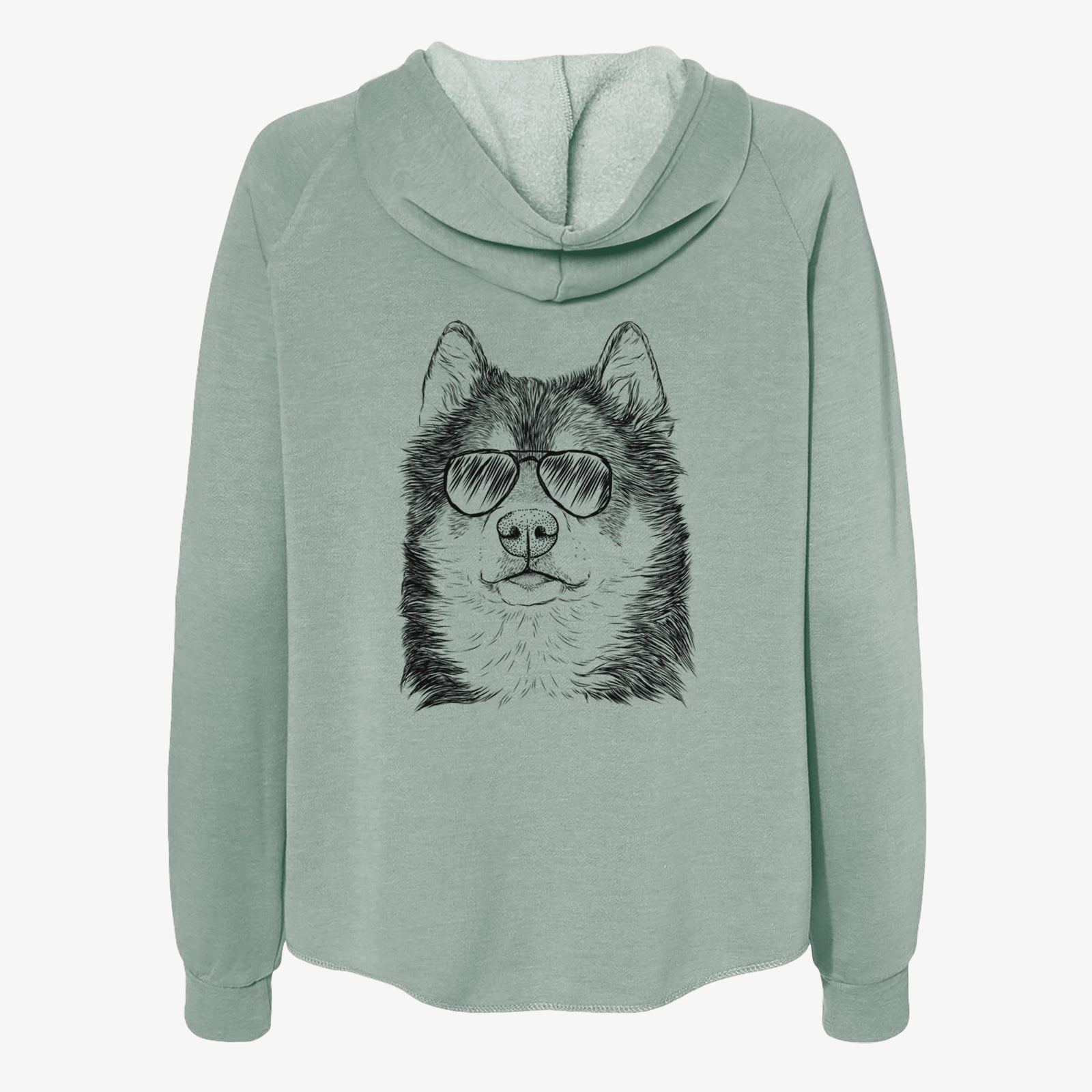 Hand-drawn sketch of Oskar the Canadian Eskimo Dog wearing aviator sunglasses on a Sage Women's cali wave zip-up sweatshirt
