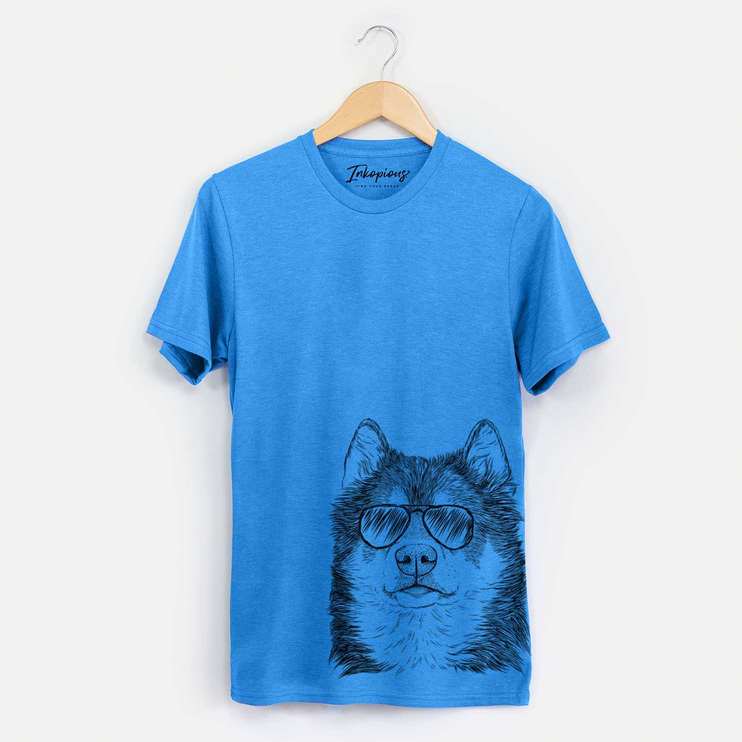 Hand-drawn sketch of Oskar the Canadian Eskimo Dog wearing aviator sunglasses on a Blue Unisex crewneck