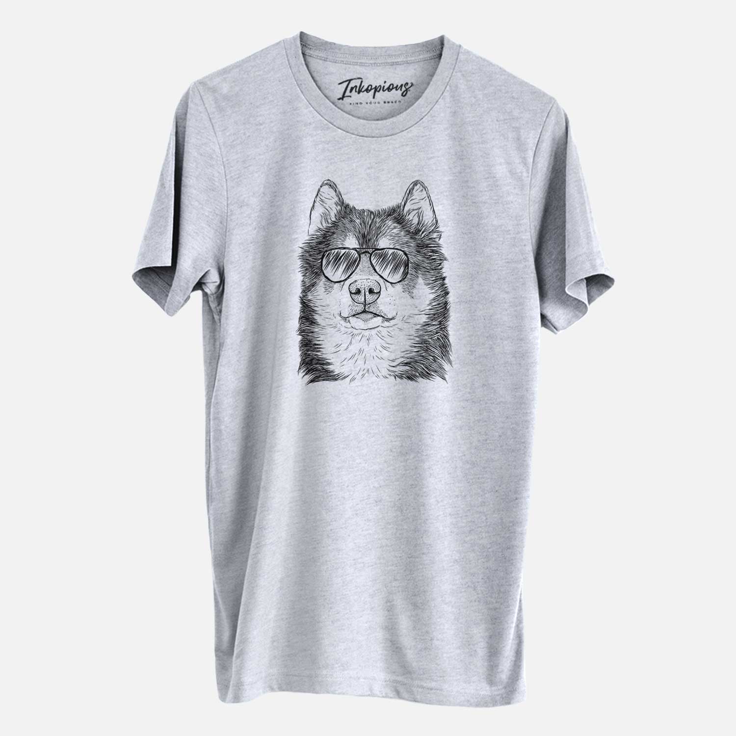 Hand-drawn sketch of Oskar the Canadian Eskimo Dog wearing aviator sunglasses on a Grey Unisex crewneck