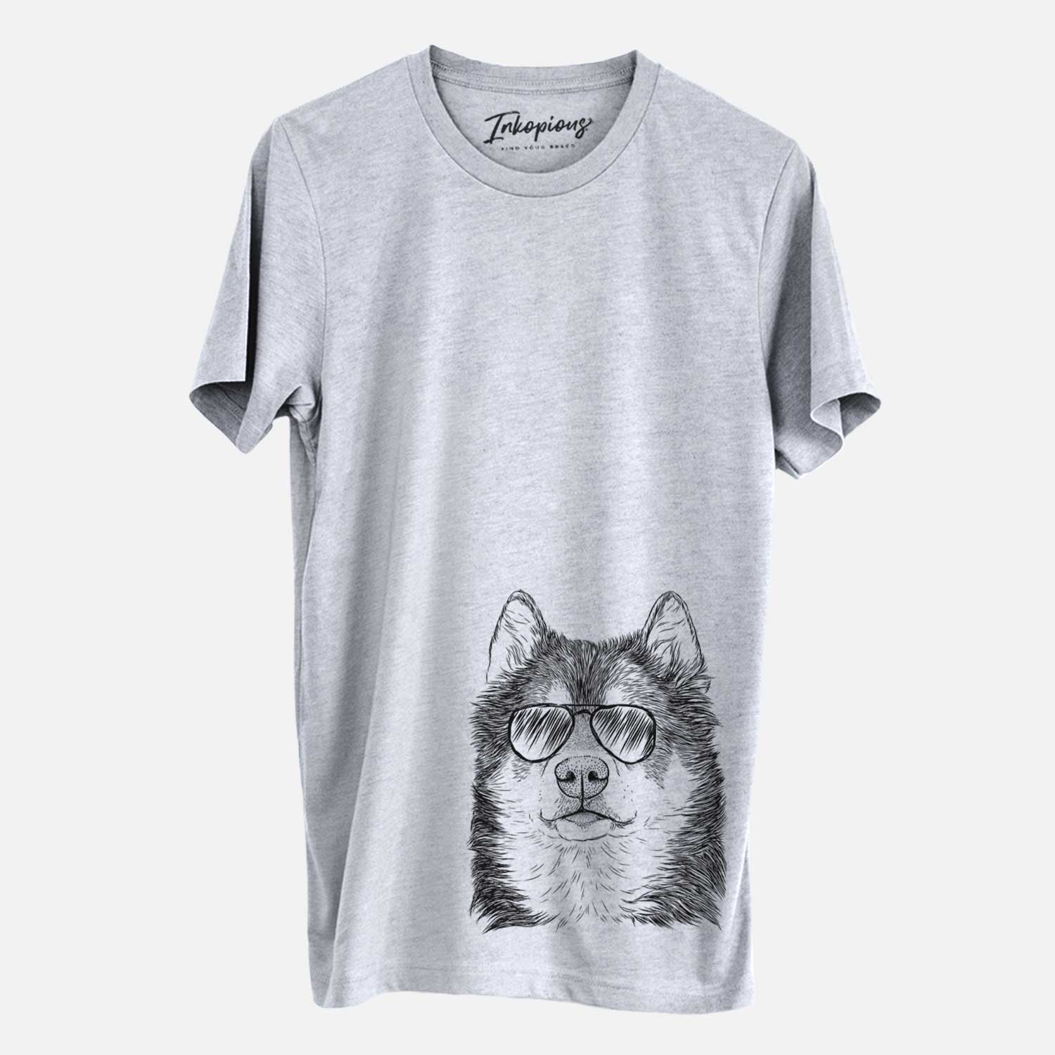 Hand-drawn sketch of Oskar the Canadian Eskimo Dog wearing aviator sunglasses on a Grey Unisex crewneck