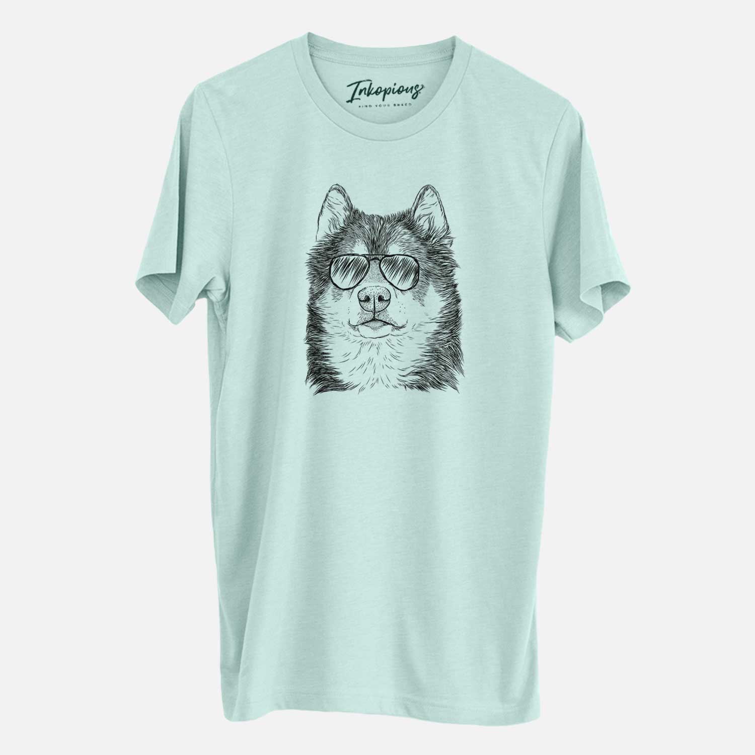 Hand-drawn sketch of Oskar the Canadian Eskimo Dog wearing aviator sunglasses on a Heather Sage Unisex crewneck