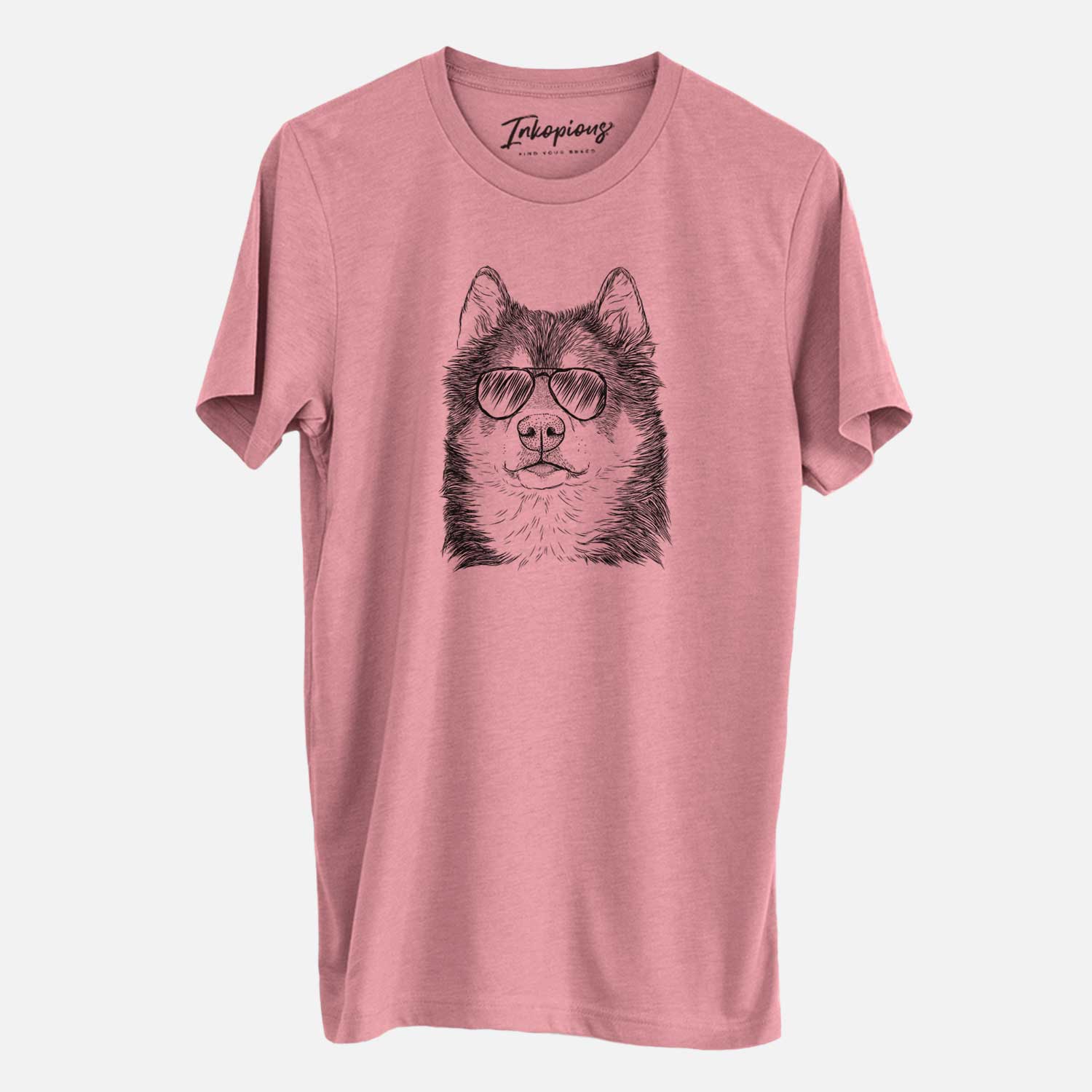 Hand-drawn sketch of Oskar the Canadian Eskimo Dog wearing aviator sunglasses on a Mauve Unisex crewneck