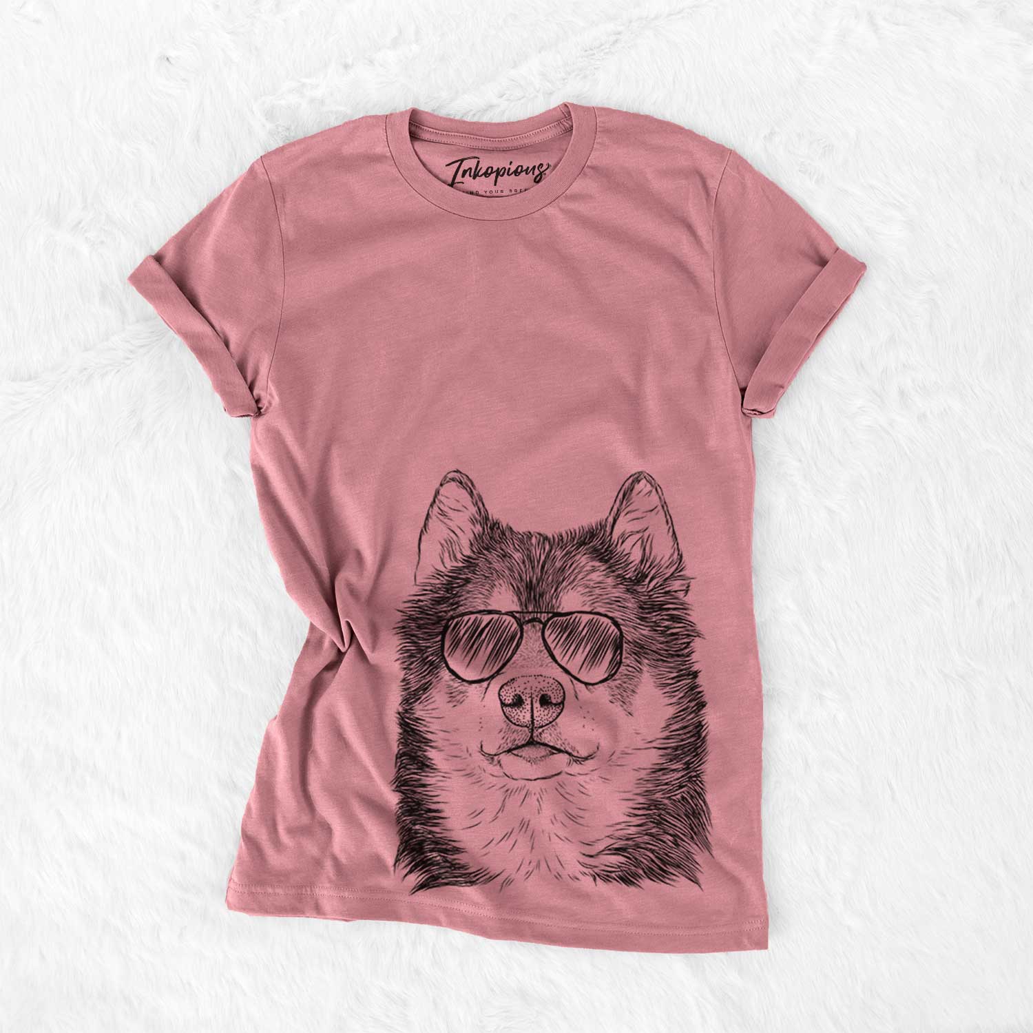 Hand-drawn sketch of Oskar the Canadian Eskimo Dog wearing aviator sunglasses on a Mauve Bella Canvas Unisex Crewneck