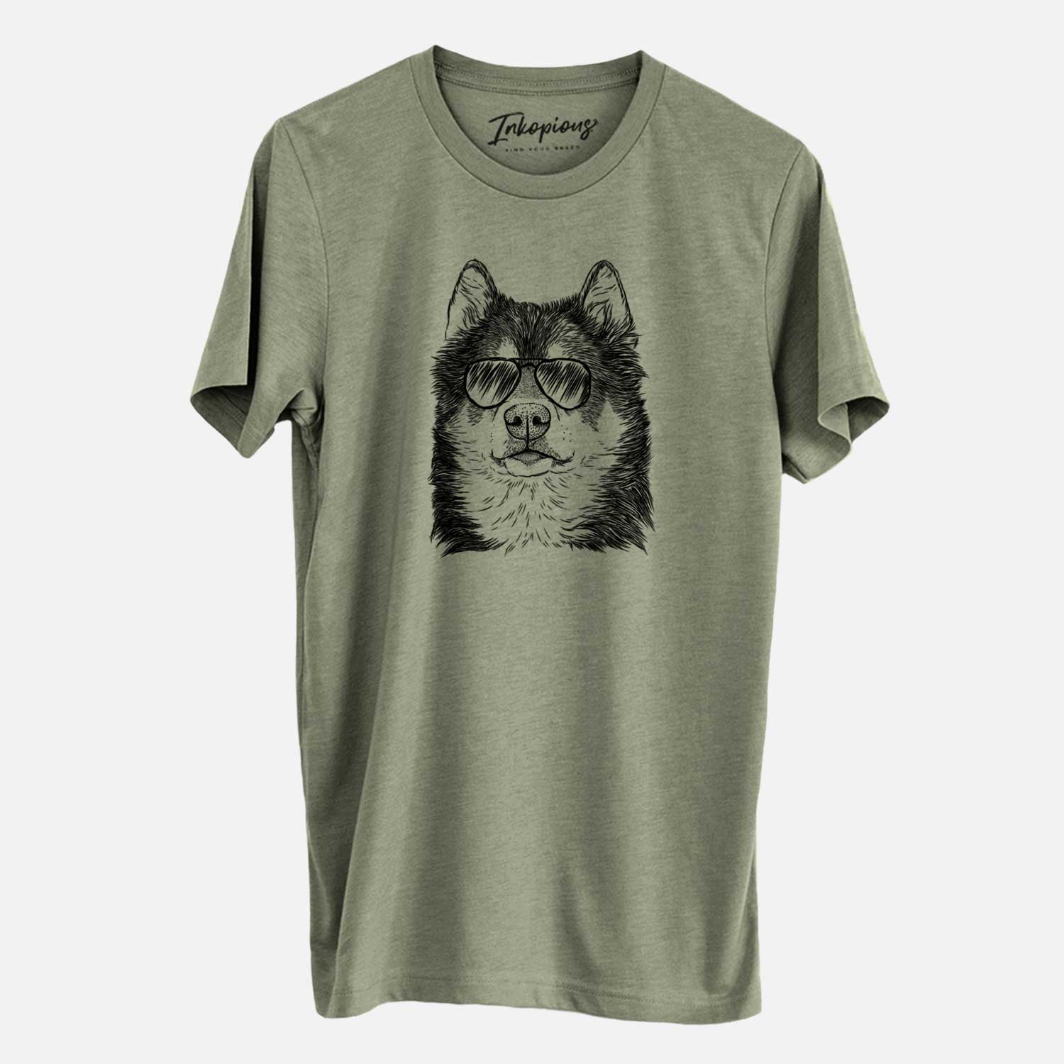 Hand-drawn sketch of Oskar the Canadian Eskimo Dog wearing aviator sunglasses on an Olive Unisex crewneck