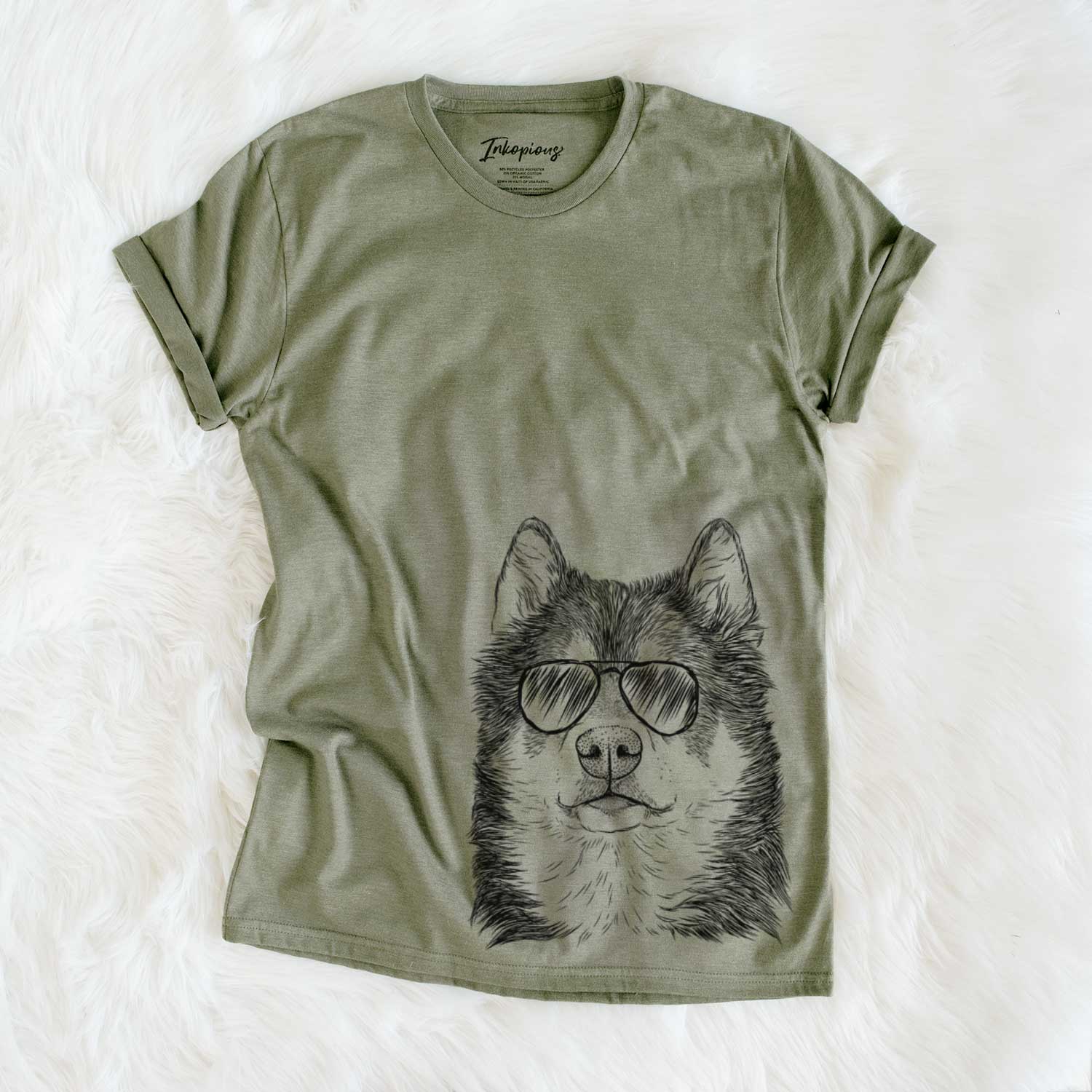 Hand-drawn sketch of Oskar the Canadian Eskimo Dog wearing aviator sunglasses on an Olive Unisex crewneck