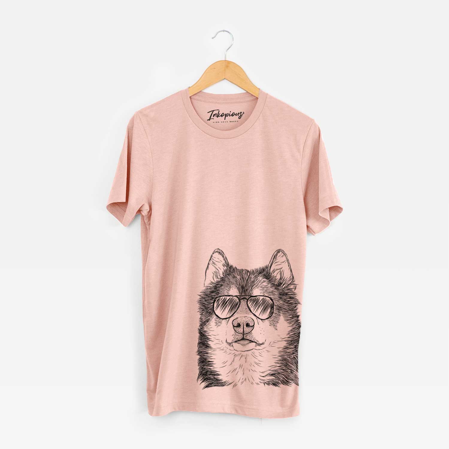 Hand-drawn sketch of Oskar the Canadian Eskimo Dog wearing aviator sunglasses on a Peach Unisex crewneck