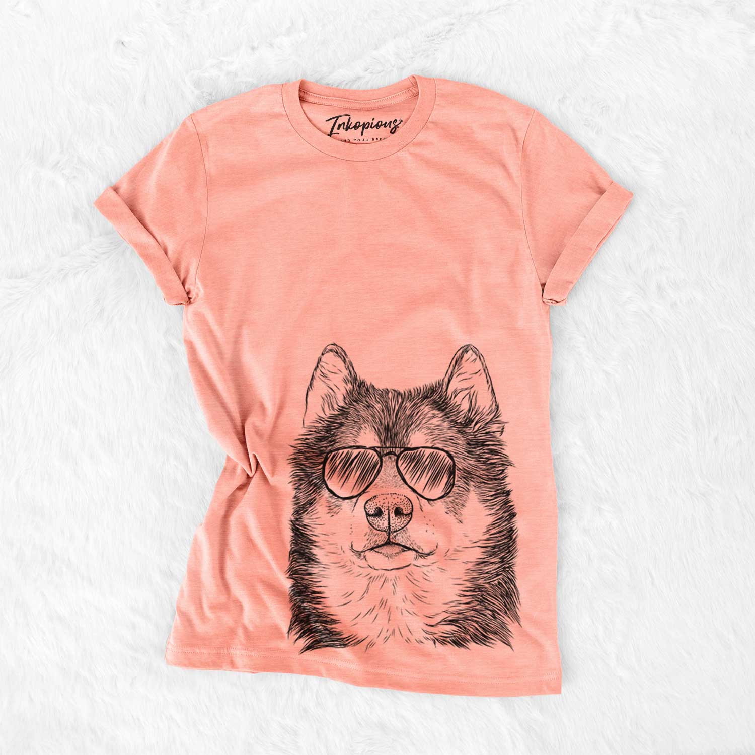 Hand-drawn sketch of Oskar the Canadian Eskimo Dog wearing aviator sunglasses on a Sunset Bella Canvas Unisex Crewneck