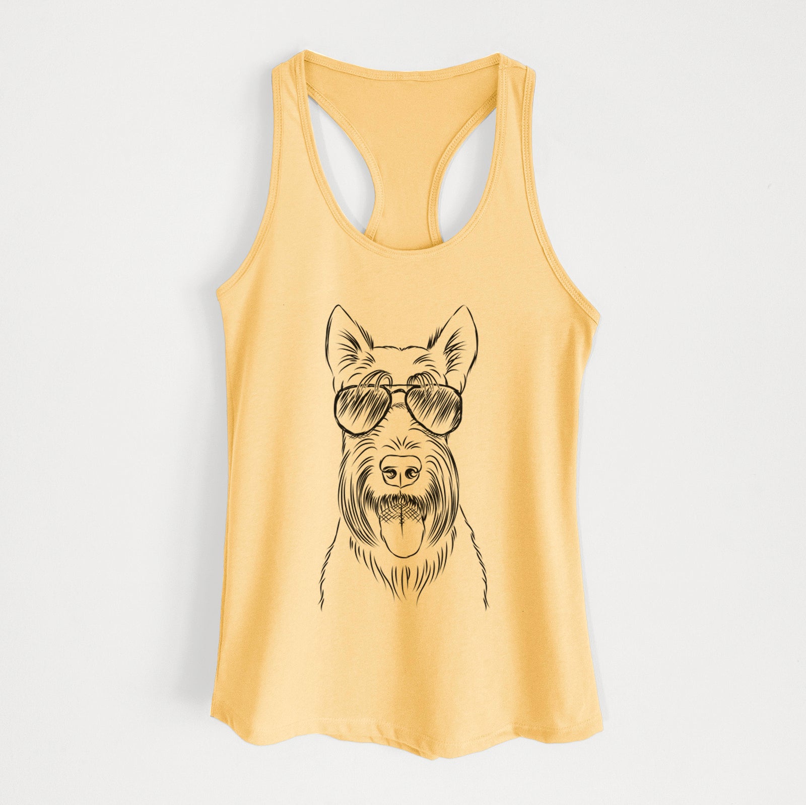 Hand-drawn sketch of Oswald the Scottish Terrier wearing aviator sunglasses on a Banana Cream Women's racerback tanktop