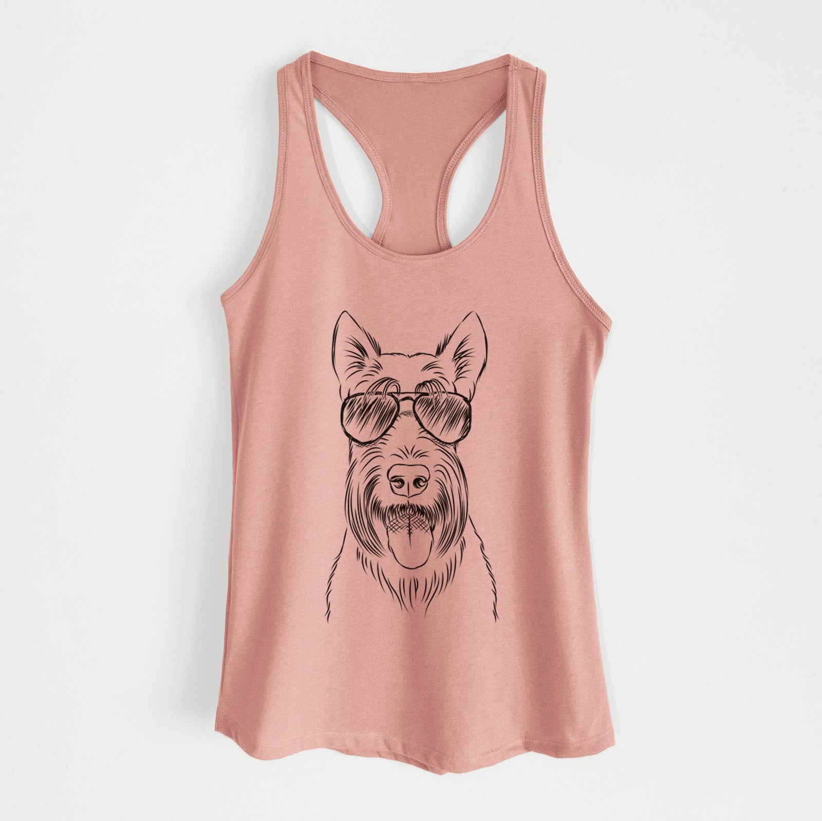 Hand-drawn sketch of Oswald the Scottish Terrier wearing aviator sunglasses on a Desert Pink Women's racerback tanktop