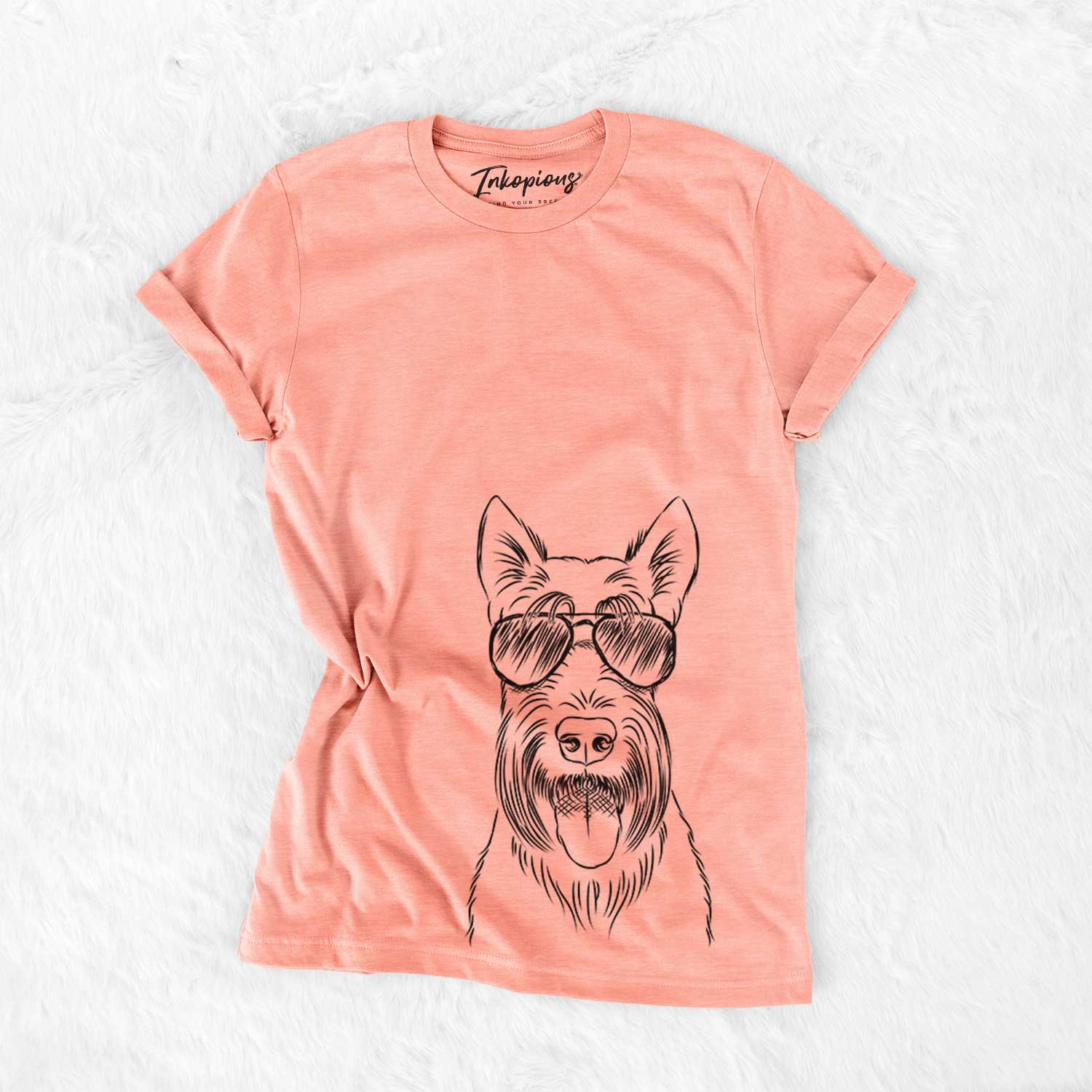 Hand-drawn sketch of Oswald the Scottish Terrier wearing aviator sunglasses on a Sunset Bella Canvas Unisex Crewneck