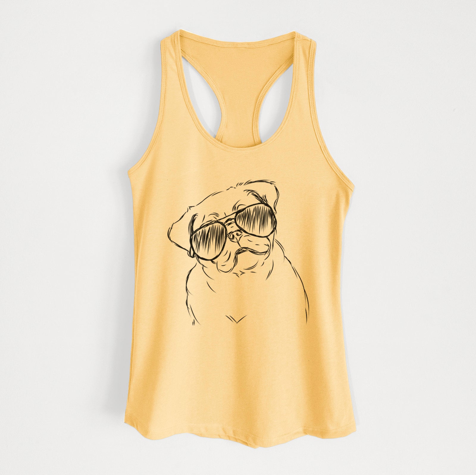 Hand-drawn sketch of Otis the Pug wearing aviator sunglasses on a Banana Cream Women's racerback tanktop