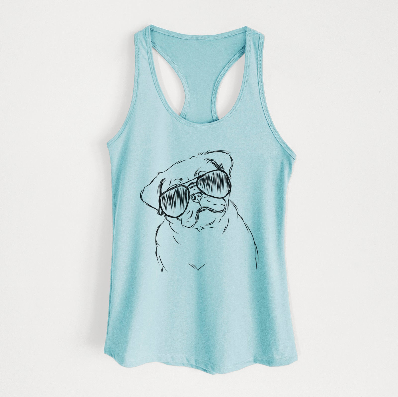 Hand-drawn sketch of Otis the Pug wearing aviator sunglasses on a Cancun Blue Women's racerback tanktop