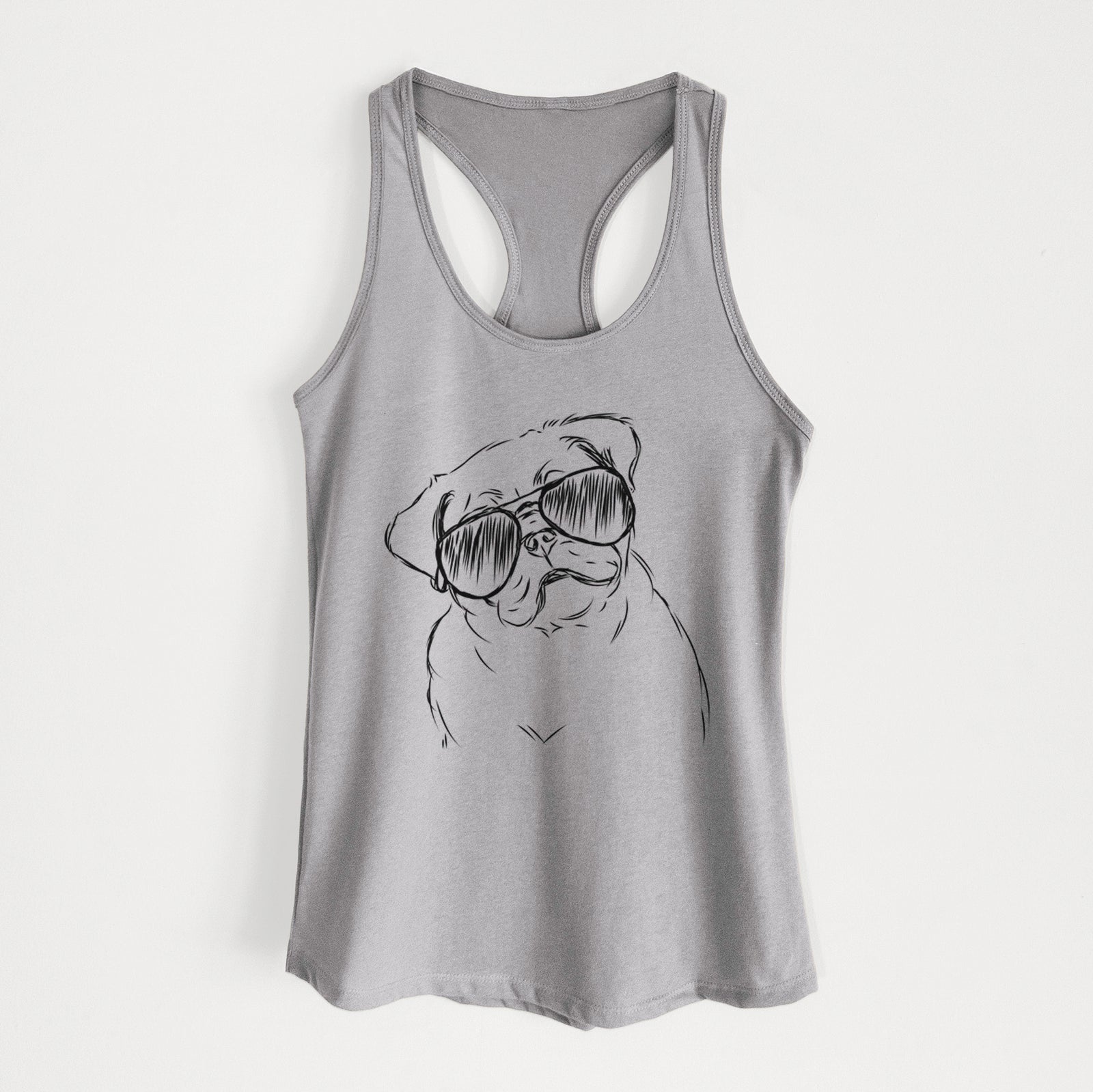 Hand-drawn sketch of Otis the Pug wearing aviator sunglasses on a Heather Grey Women's racerback tanktop