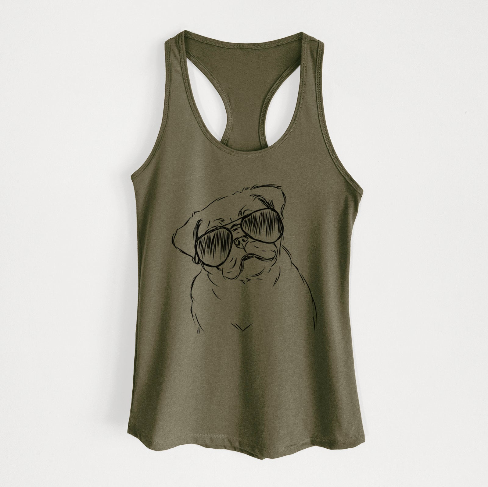 Hand-drawn sketch of Otis the Pug wearing aviator sunglasses on a Military Green Women's racerback tanktop