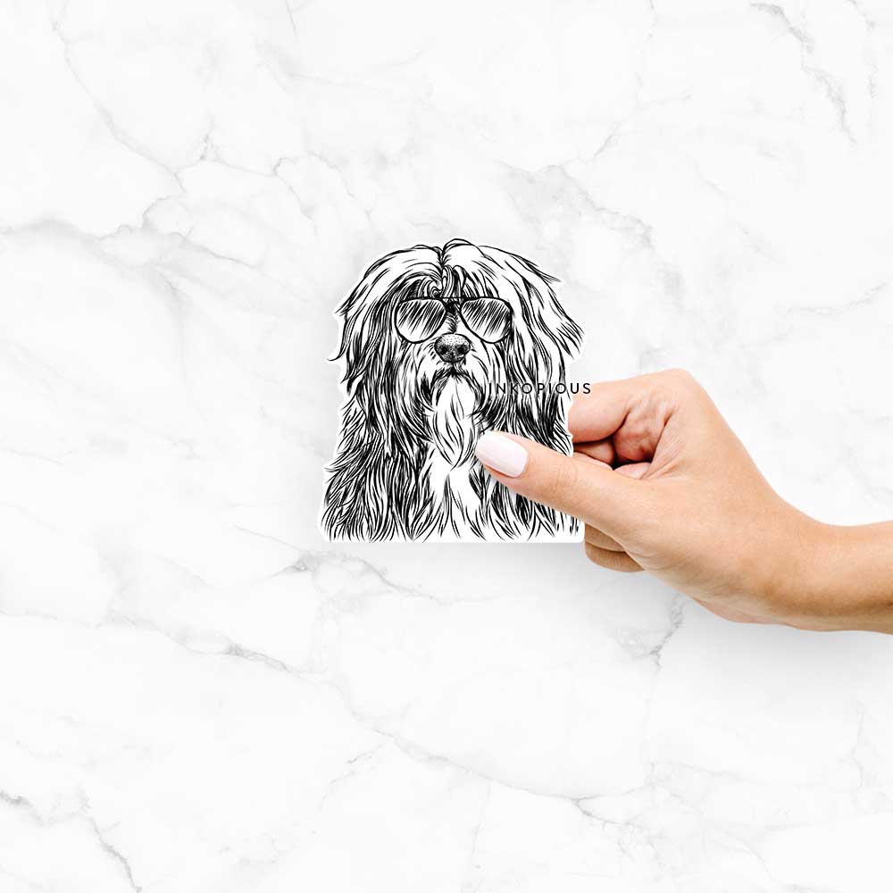 Hand-drawn sketch of Otto the Polish Lowland Sheepdog wearing aviator sunglasses on a decal sticker