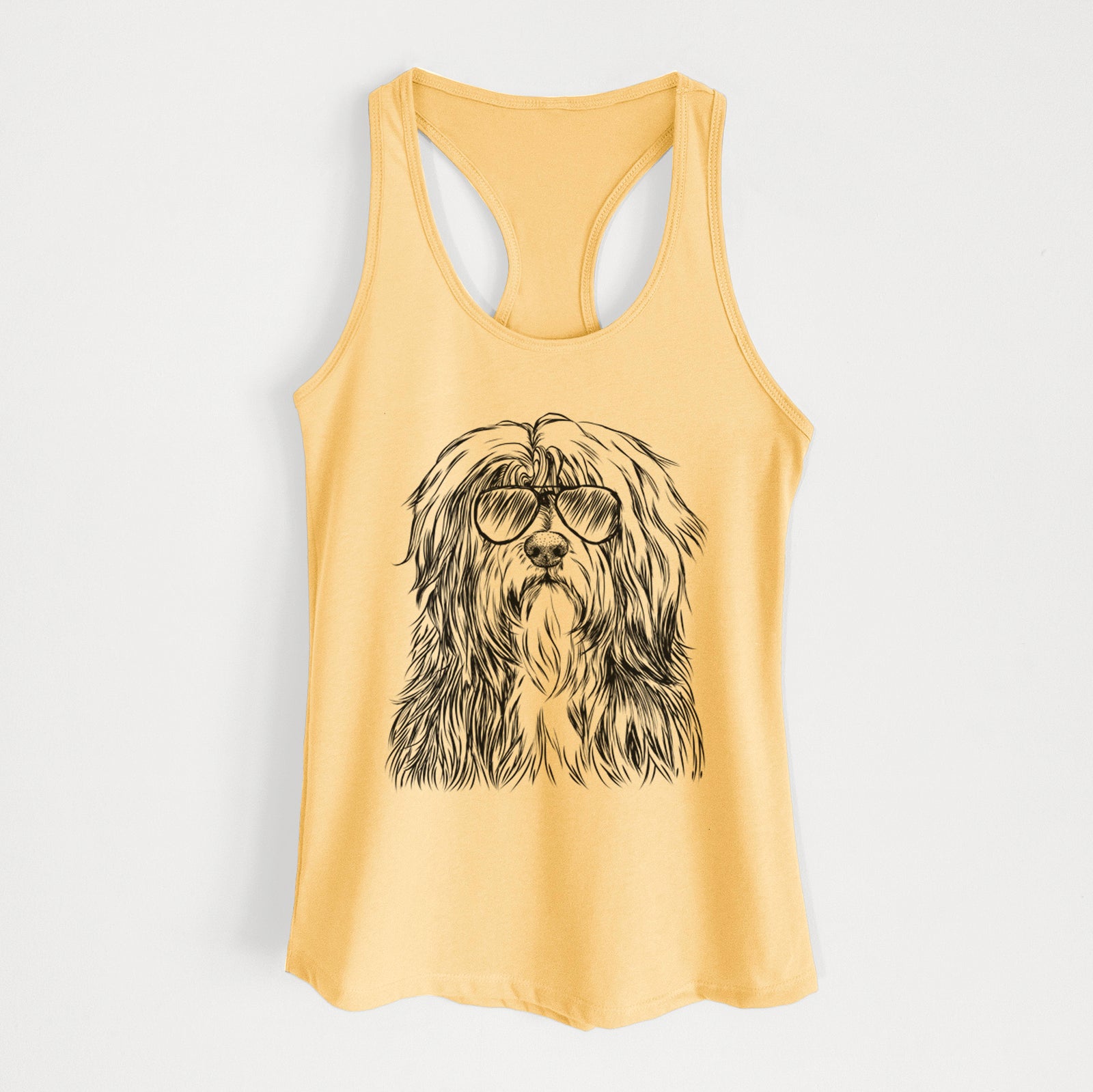 Hand-drawn sketch of Otto the Polish Lowland Sheepdog wearing aviator sunglasses on a Banana Cream Women's racerback tanktop