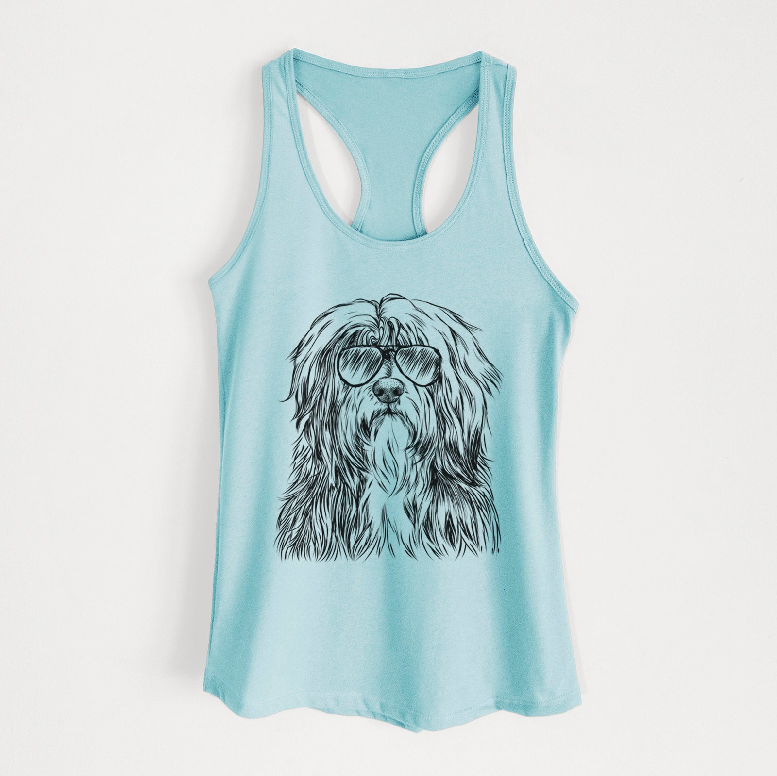 Hand-drawn sketch of Otto the Polish Lowland Sheepdog wearing aviator sunglasses on a Cancun Blue Women's racerback tanktop