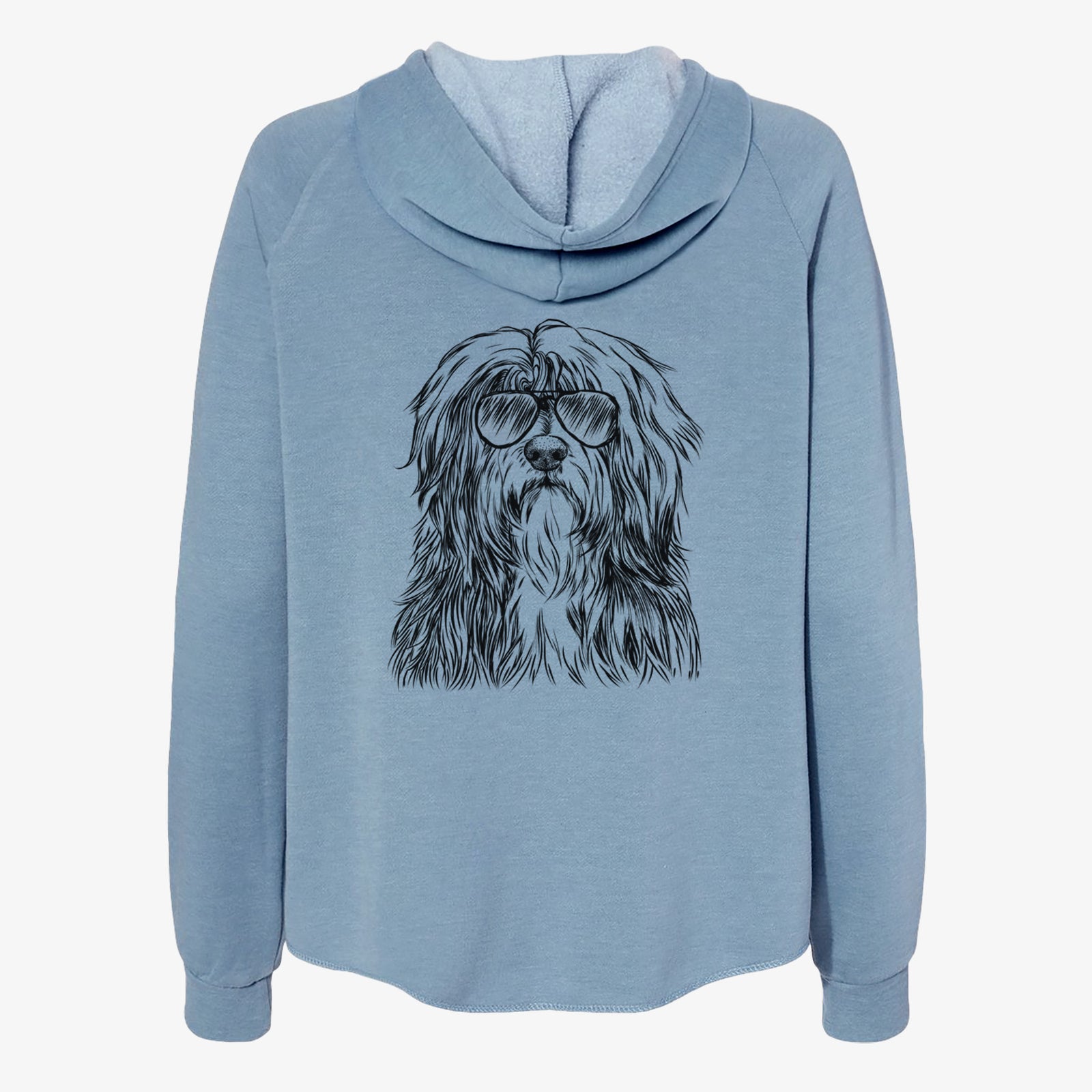 Hand-drawn sketch of Otto the Polish Lowland Sheepdog wearing aviator sunglasses on a Misty Blue Women's cali wave zip-up sweatshirt