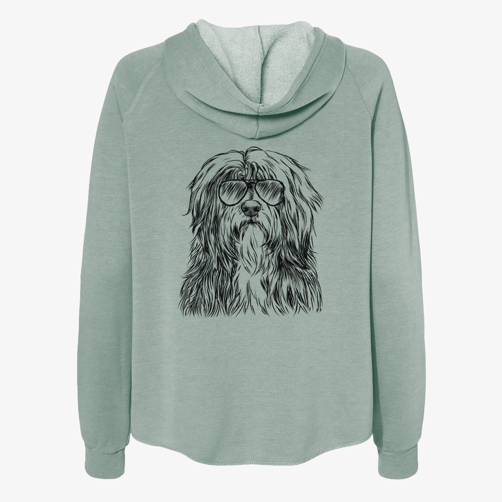 Hand-drawn sketch of Otto the Polish Lowland Sheepdog wearing aviator sunglasses on a Sage Women's cali wave zip-up sweatshirt