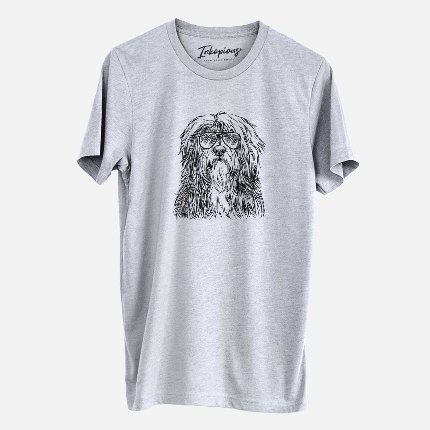Hand-drawn sketch of Otto the Polish Lowland Sheepdog wearing aviator sunglasses on a Grey Unisex crewneck