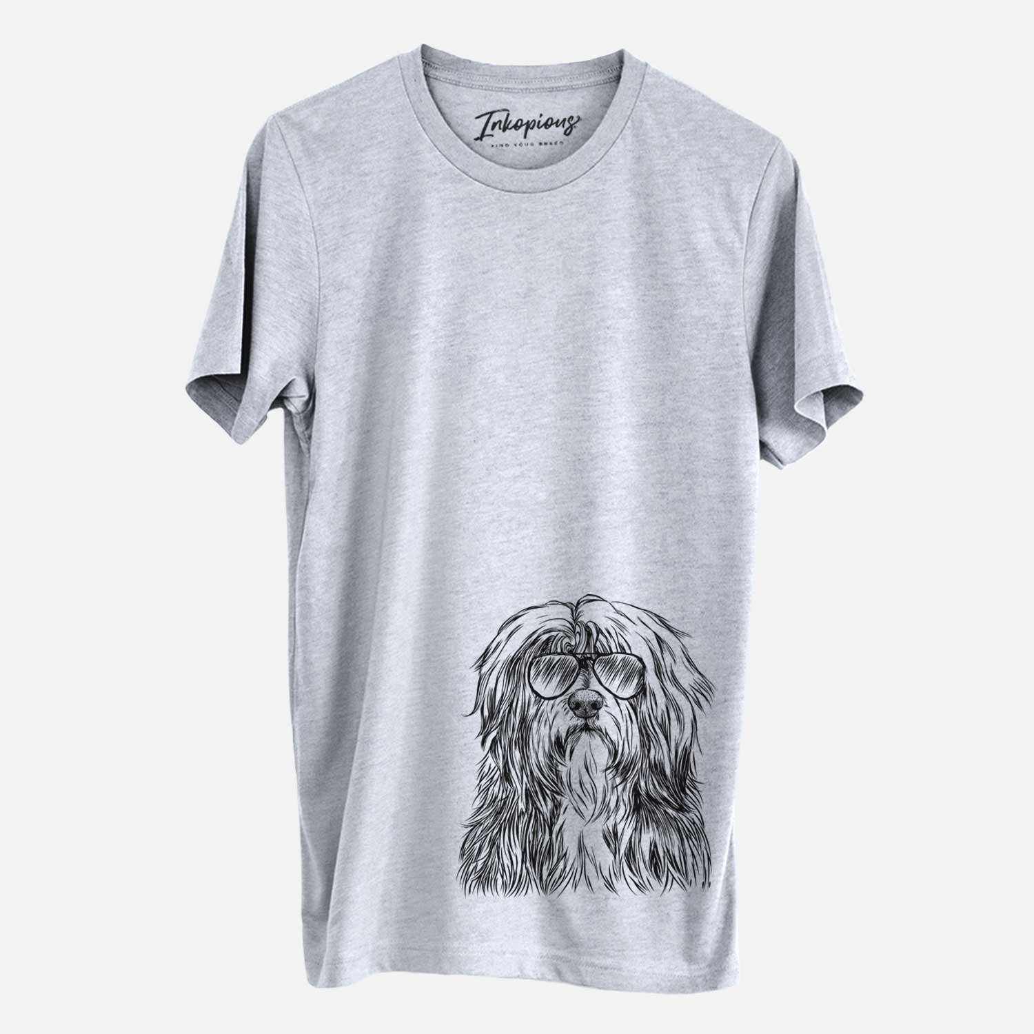 Hand-drawn sketch of Otto the Polish Lowland Sheepdog wearing aviator sunglasses on a Grey Unisex crewneck