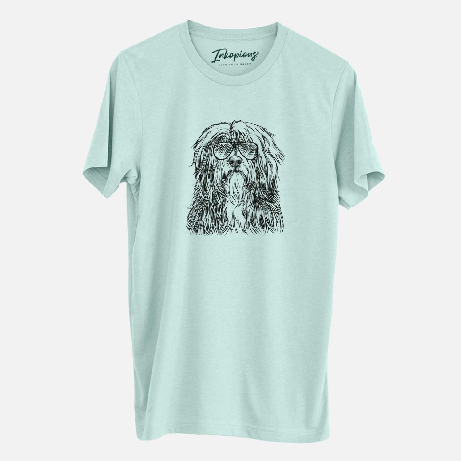 Hand-drawn sketch of Otto the Polish Lowland Sheepdog wearing aviator sunglasses on a Heather Sage Unisex crewneck