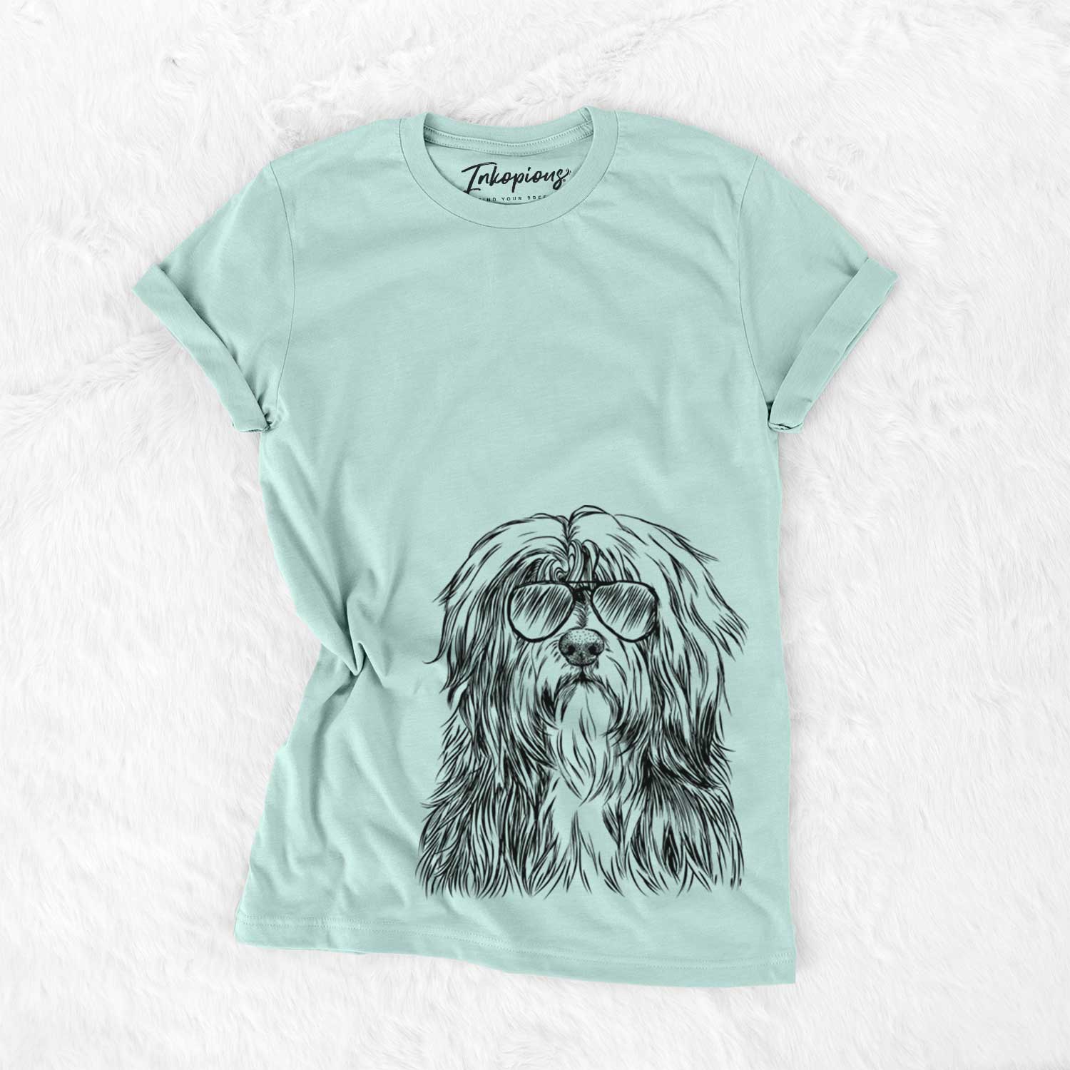 Hand-drawn sketch of Otto the Polish Lowland Sheepdog wearing aviator sunglasses on a Heather Sage Unisex crewneck