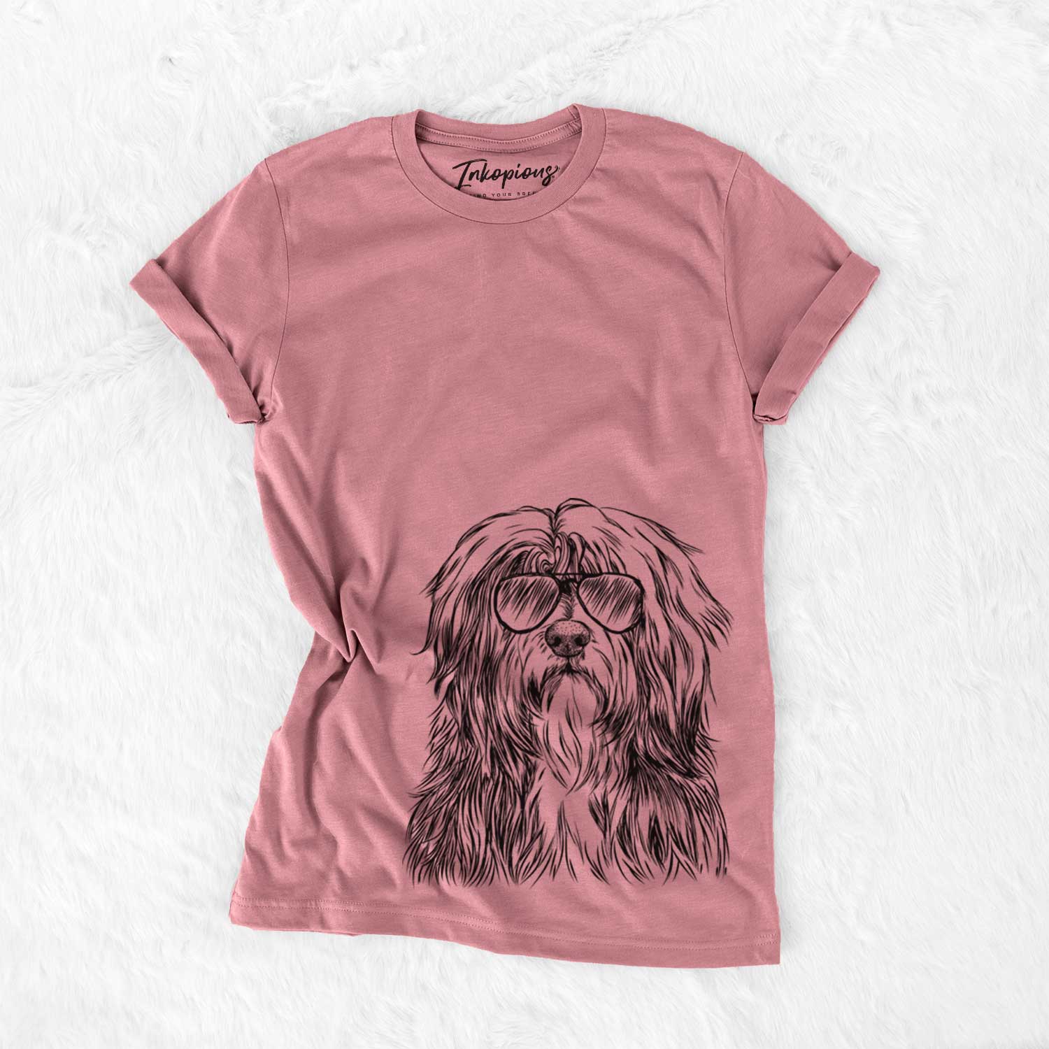 Hand-drawn sketch of Otto the Polish Lowland Sheepdog wearing aviator sunglasses on a Mauve Bella Canvas Unisex Crewneck