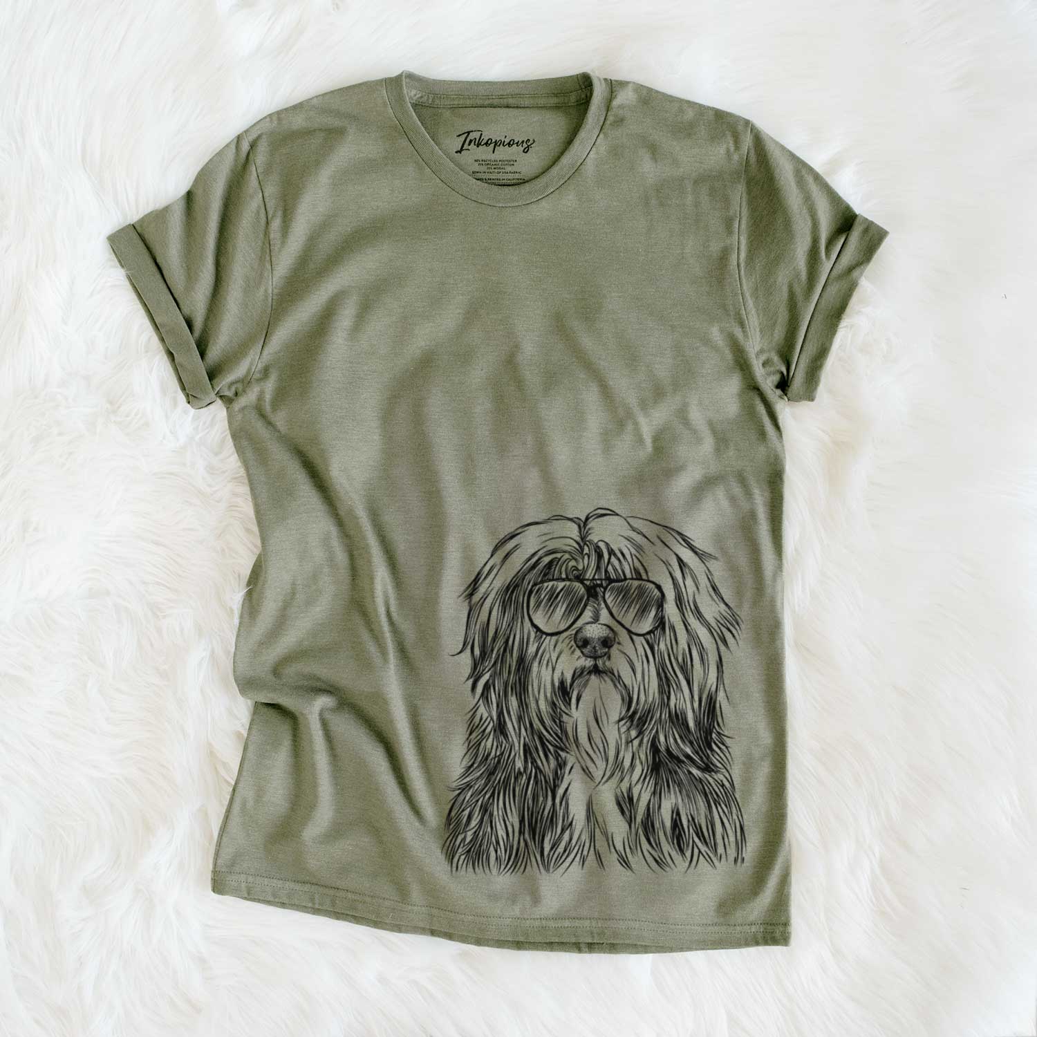 Hand-drawn sketch of Otto the Polish Lowland Sheepdog wearing aviator sunglasses on an Olive Unisex crewneck