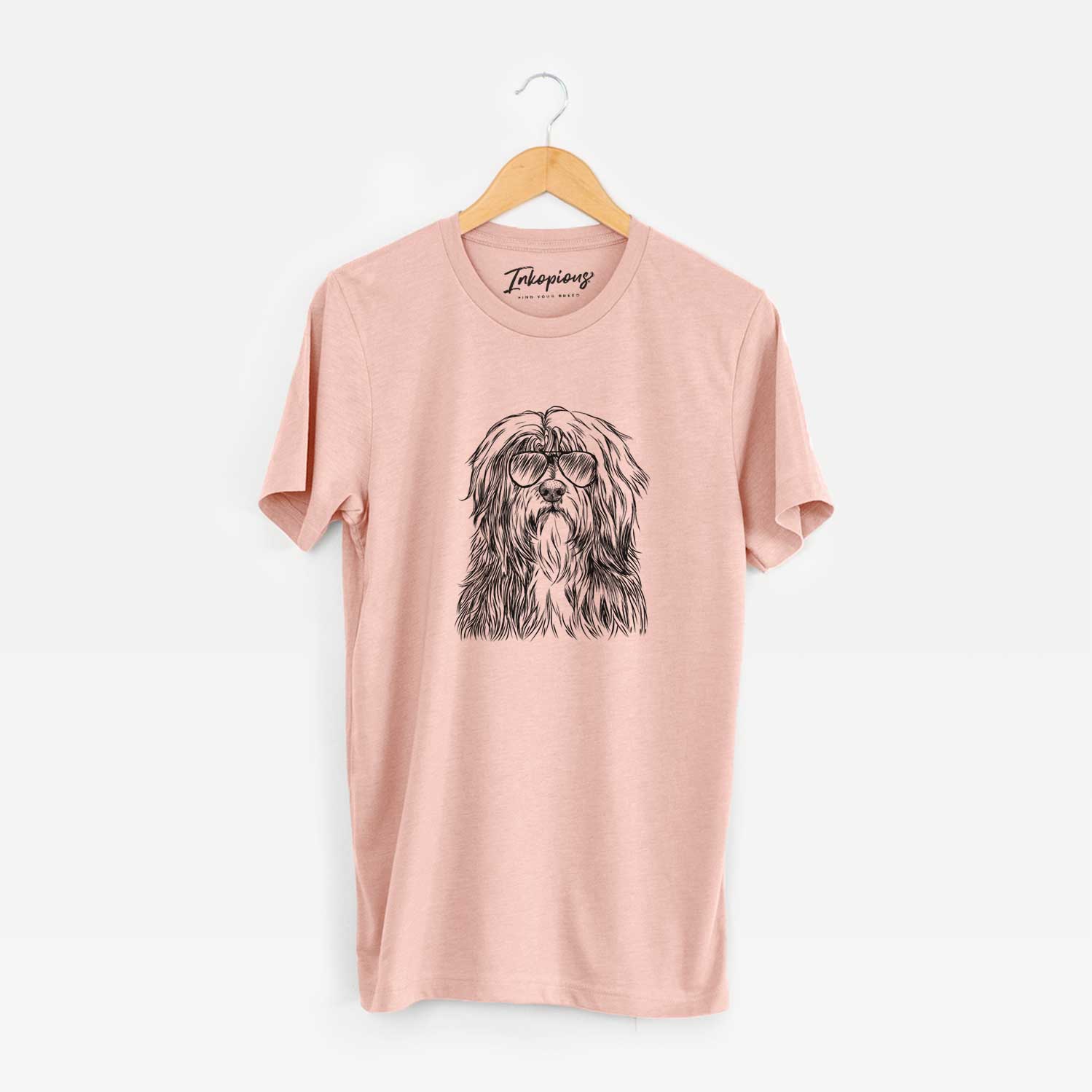 Hand-drawn sketch of Otto the Polish Lowland Sheepdog wearing aviator sunglasses on a Peach Unisex crewneck