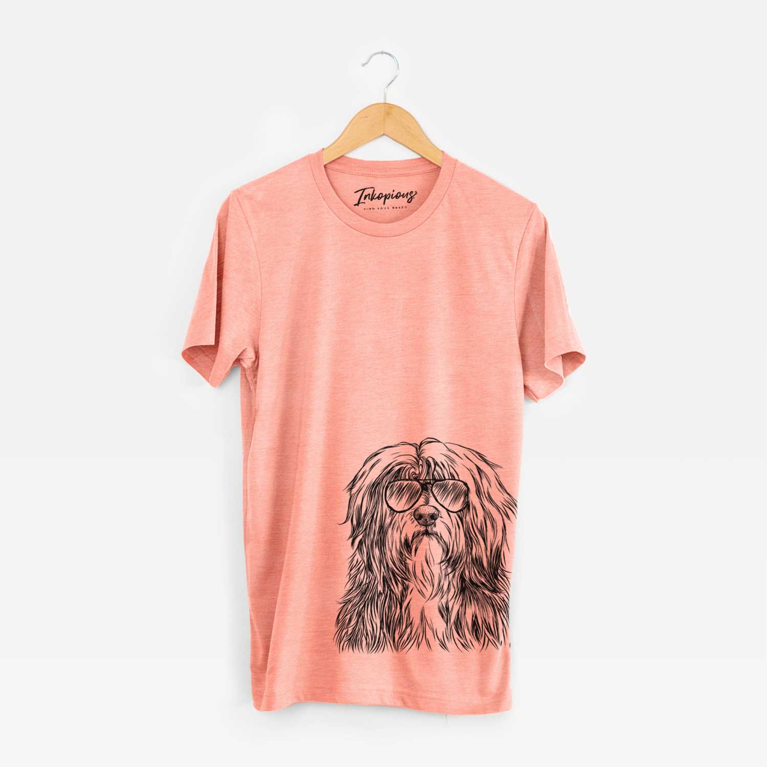 Hand-drawn sketch of Otto the Polish Lowland Sheepdog wearing aviator sunglasses on a Sunset Unisex crewneck