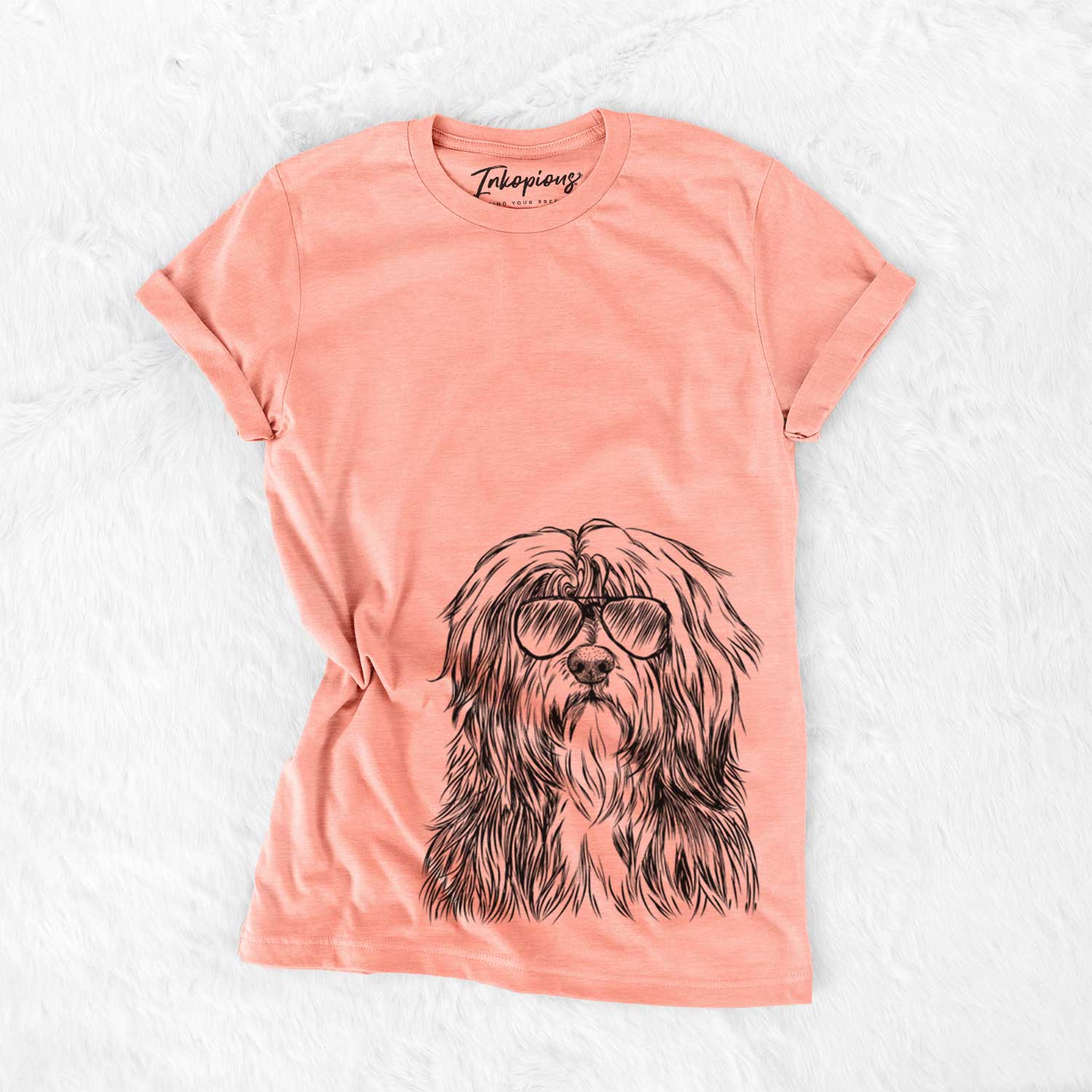 Hand-drawn sketch of Otto the Polish Lowland Sheepdog wearing aviator sunglasses on a Sunset Bella Canvas Unisex Crewneck