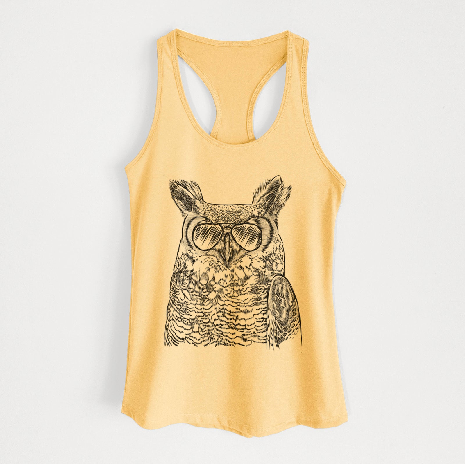 Hand-drawn sketch of Ozwald the Grey Horned Owl wearing aviator sunglasses on a Banana Cream Women's racerback tanktop