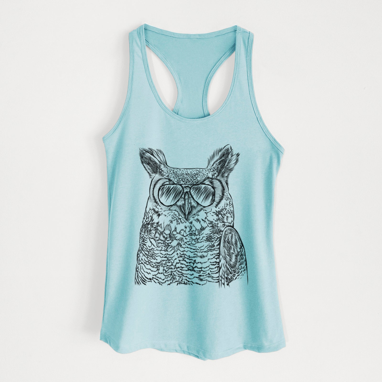 Hand-drawn sketch of Ozwald the Grey Horned Owl wearing aviator sunglasses on a Cancun Blue Women's racerback tanktop