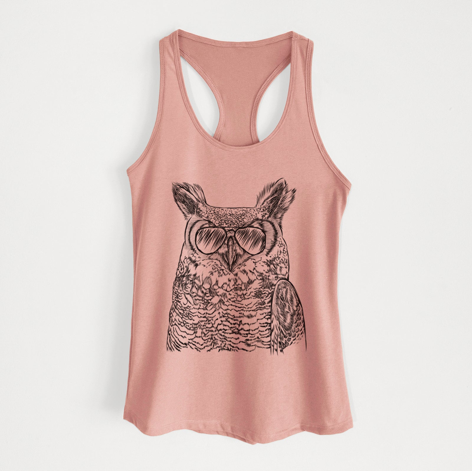 Hand-drawn sketch of Ozwald the Grey Horned Owl wearing aviator sunglasses on a Desert Pink Women's racerback tanktop
