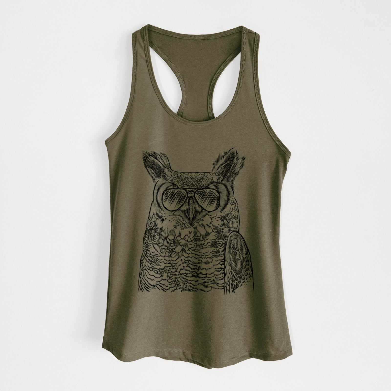 Hand-drawn sketch of Ozwald the Grey Horned Owl wearing aviator sunglasses on a Military Green Women's racerback tanktop