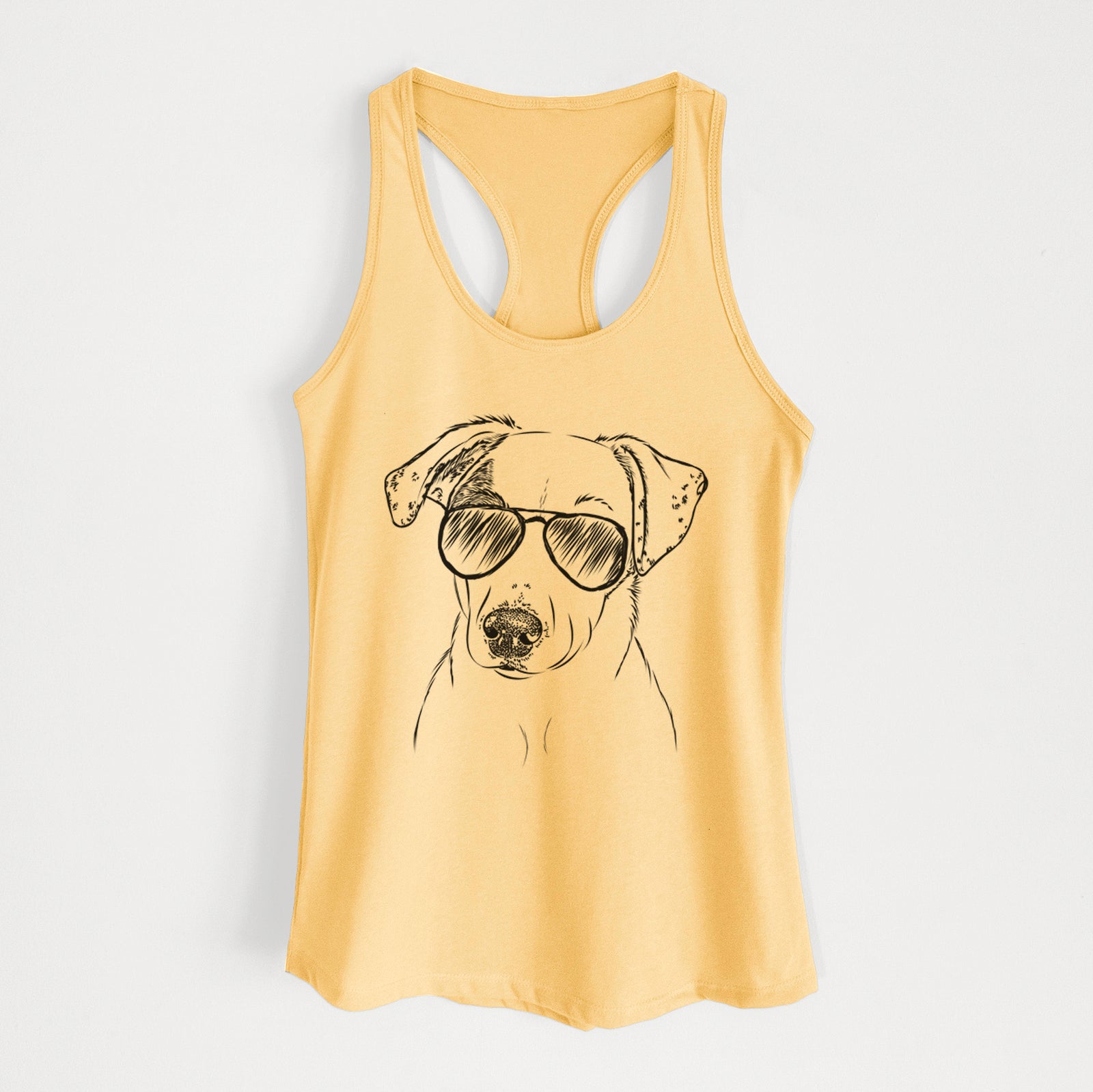 Hand-drawn sketch of P Pie the Mixed Breed wearing aviator sunglasses on a Banana Cream Women's racerback tanktop