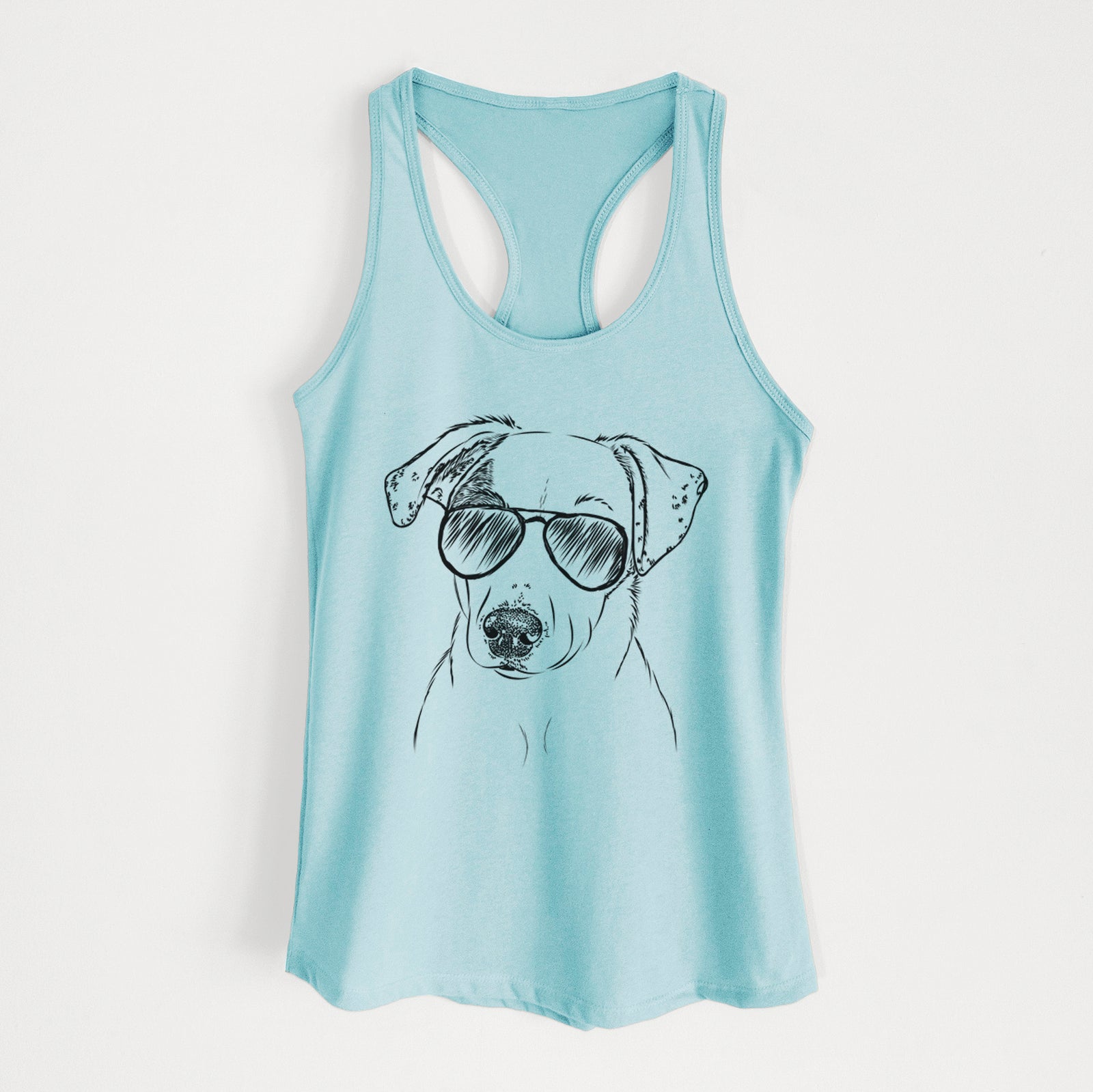 Hand-drawn sketch of P Pie the Mixed Breed wearing aviator sunglasses on a Cancun Blue Women's racerback tanktop