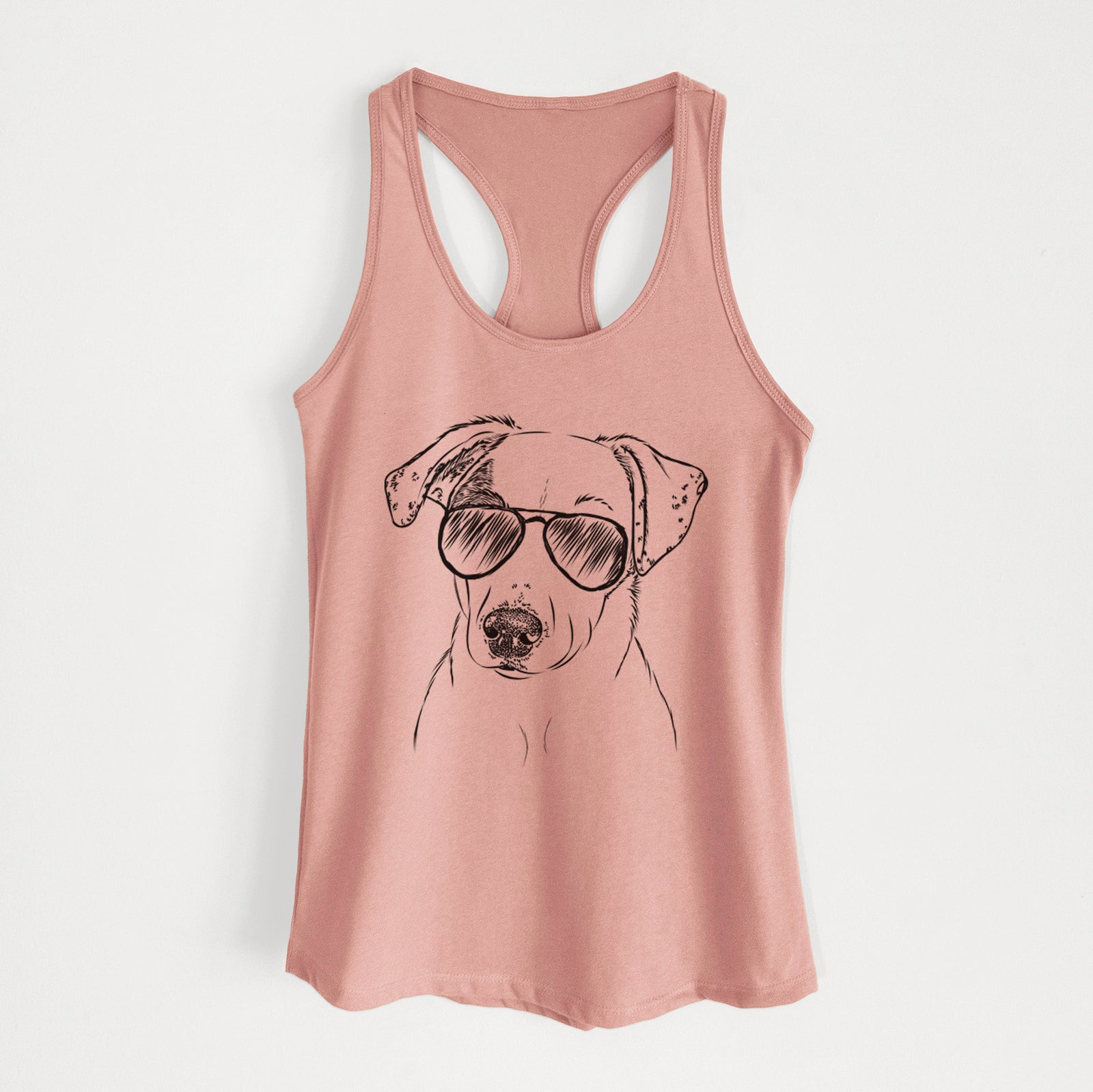 Hand-drawn sketch of P Pie the Mixed Breed wearing aviator sunglasses on a Desert Pink Women's racerback tanktop
